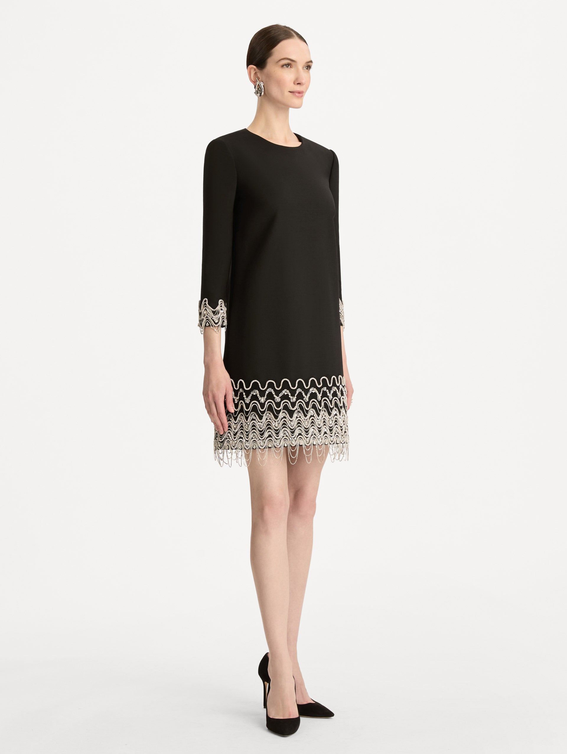 Oscar de la Renta Crystal Wave Embroidered Shift Dress
