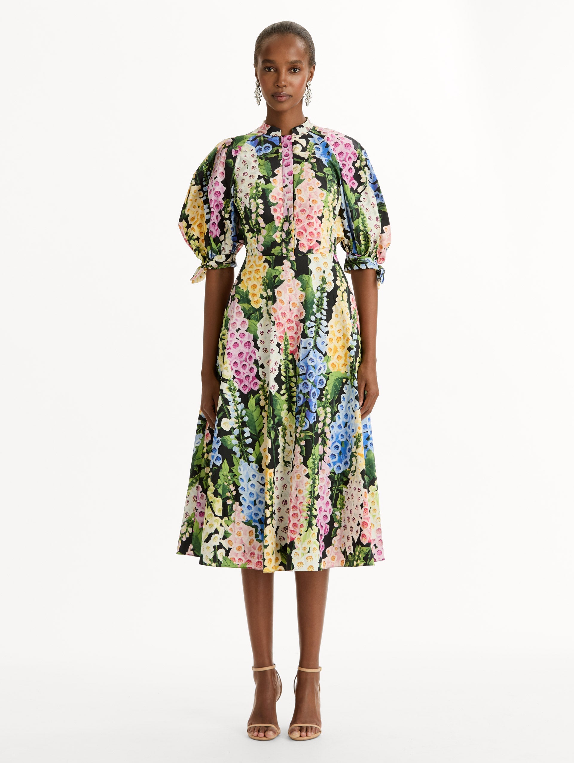 Oscar de la Renta Foxglove Cotton Poplin Puff Sleeve Dress
