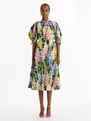 Oscar de la Renta Foxglove Cotton Poplin Puff Sleeve Dress