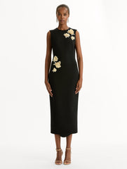Oscar de la Renta Brooch Embroidered Cocktail Sleeveless Dress