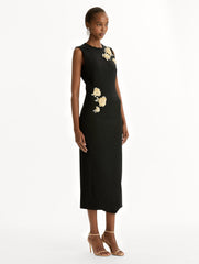 Oscar de la Renta Brooch Embroidered Cocktail Sleeveless Dress