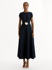 Oscar de la Renta Floral Belt Short Sleeve Dress