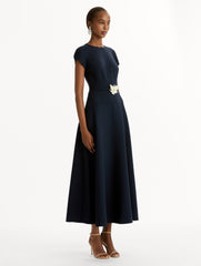 Oscar de la Renta Floral Belt Short Sleeve Dress