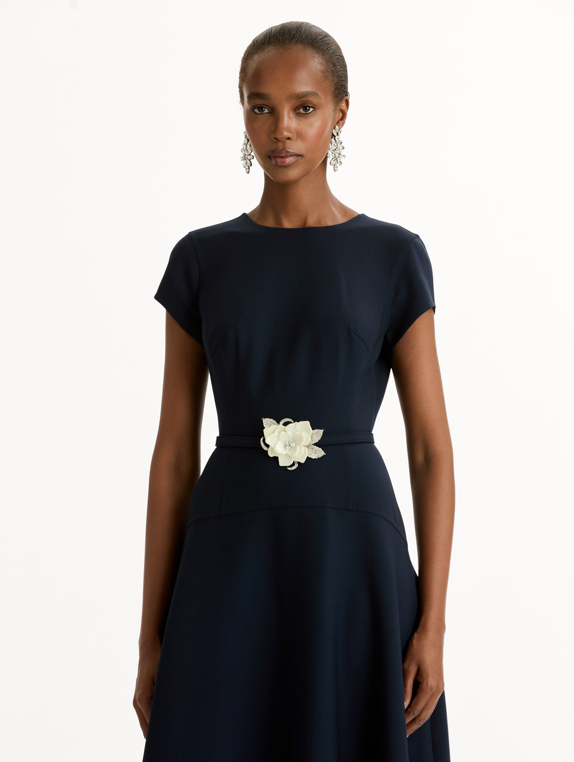 Oscar de la Renta Floral Belt Short Sleeve Dress