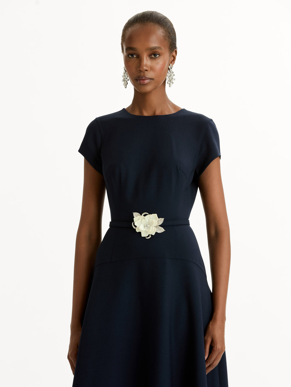 Oscar de la Renta Floral Belt Short Sleeve Dress