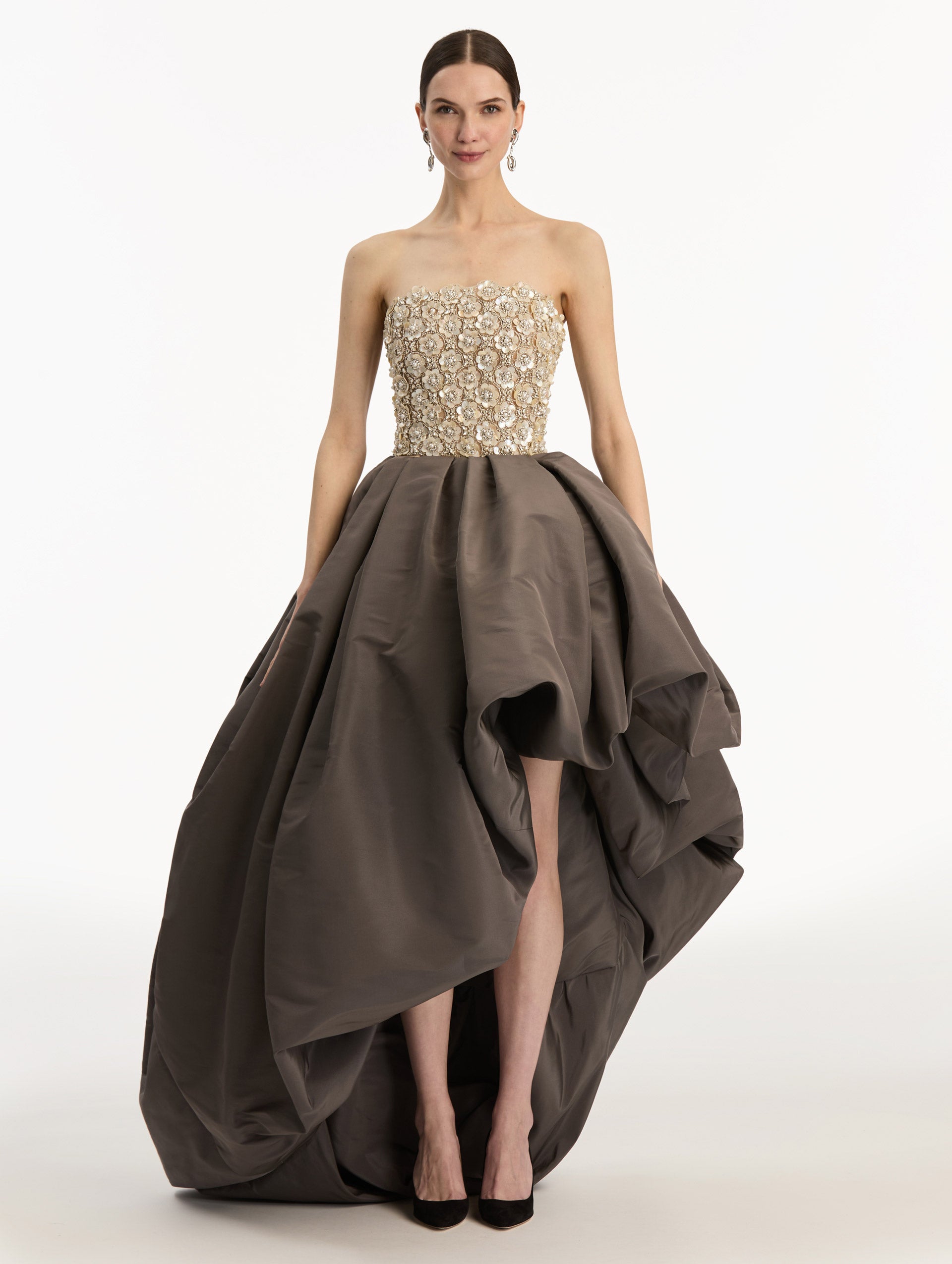 Oscar de la Renta Mother of Pearl Embroidered High-Low Gown