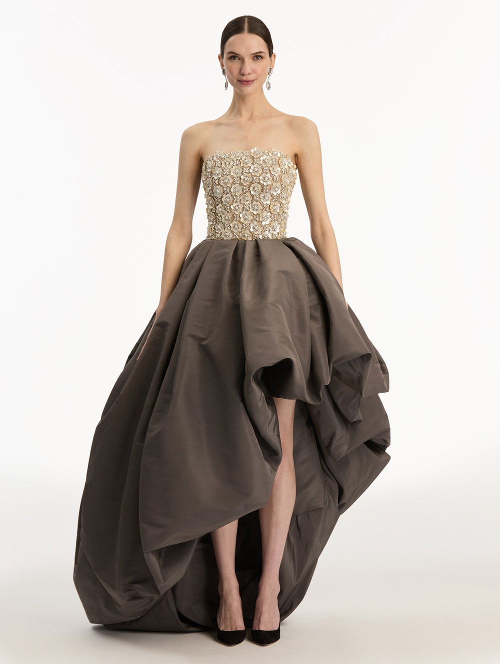Oscar de la Renta Mother of Pearl Embroidered High-Low Gown