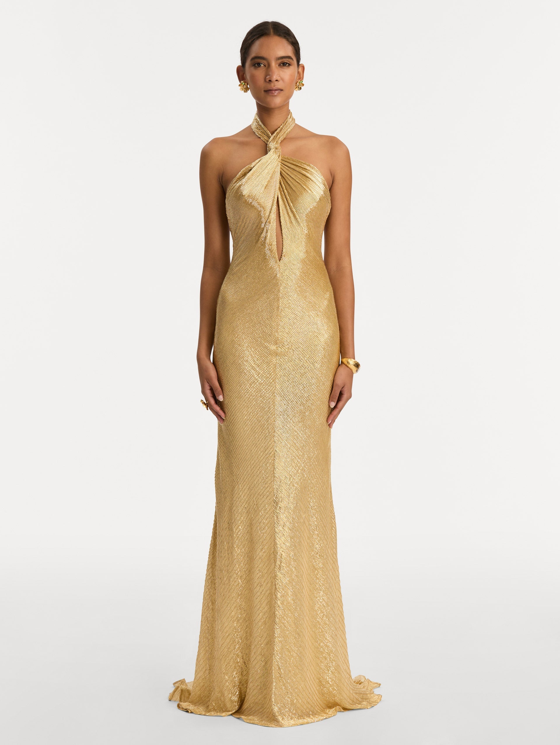 Oscar de la Renta Bugle Bead Lamé Gown