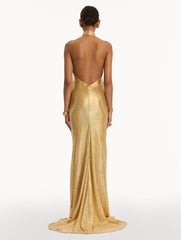 Oscar de la Renta Bugle Bead Lamé Gown