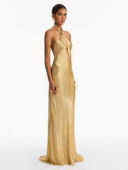 Oscar de la Renta Bugle Bead Lamé Gown