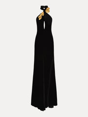 Oscar de la Renta Gold Leaf Embroidered Velvet Gown