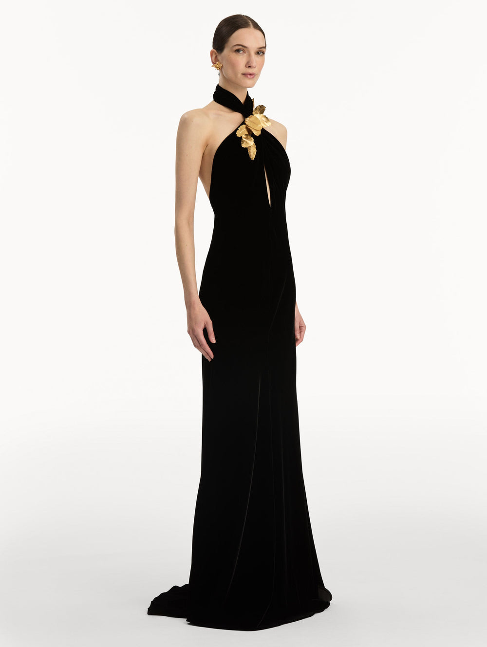 Oscar de la Renta Gold Leaf Embroidered Velvet Gown