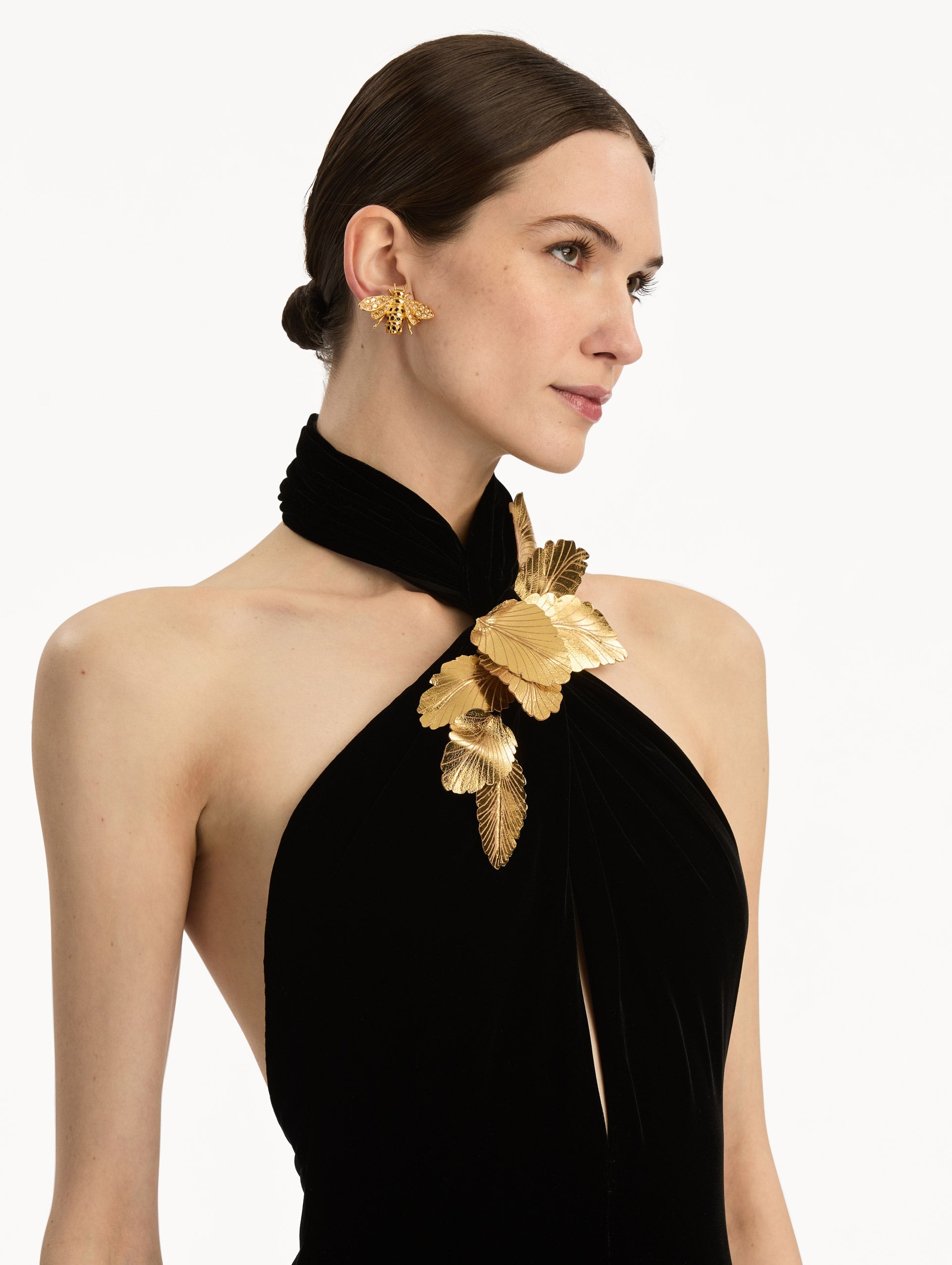 Oscar de la Renta Gold Leaf Embroidered Velvet Gown