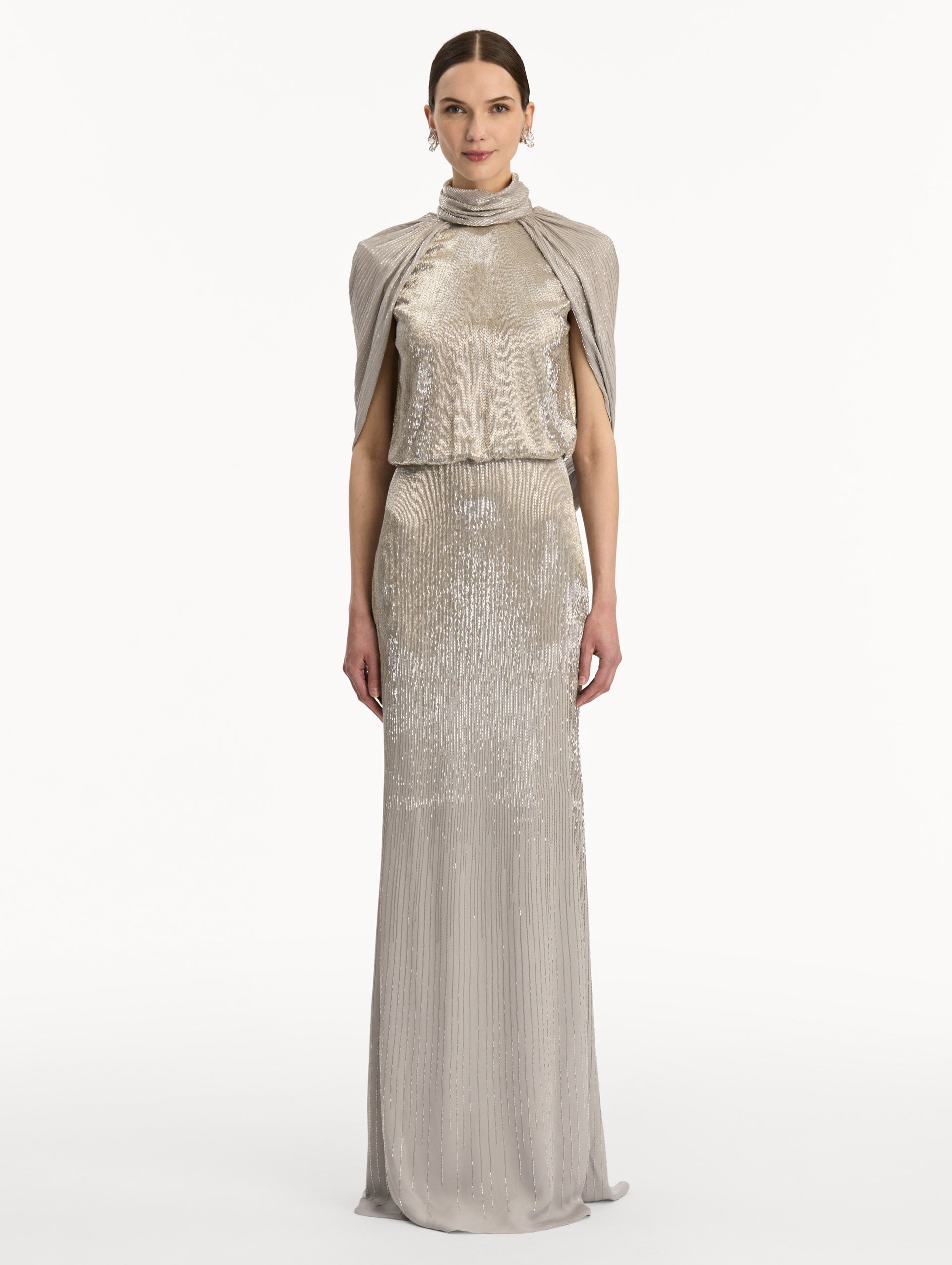 Oscar de la Renta Bugle Bead Lamé Draped Gown
