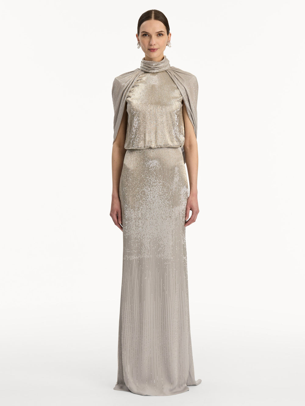 Oscar de la Renta Bugle Bead Lamé Draped Gown
