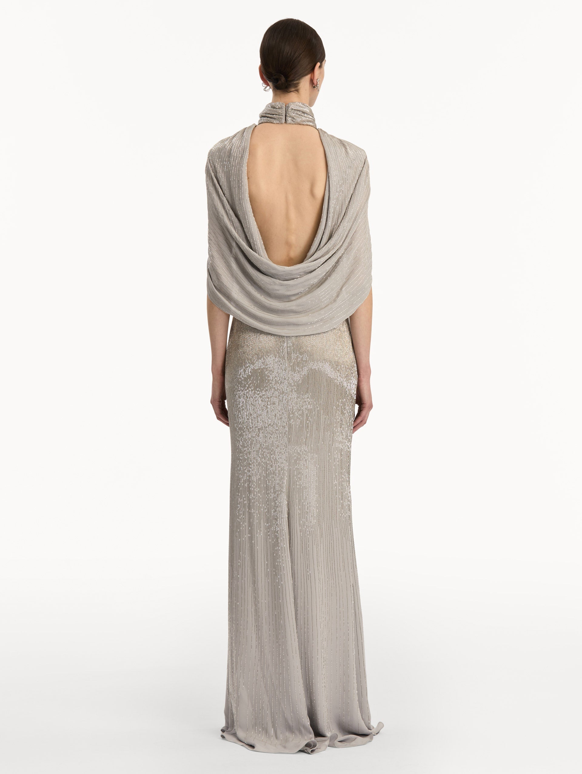 Oscar de la Renta Bugle Bead Lamé Draped Gown