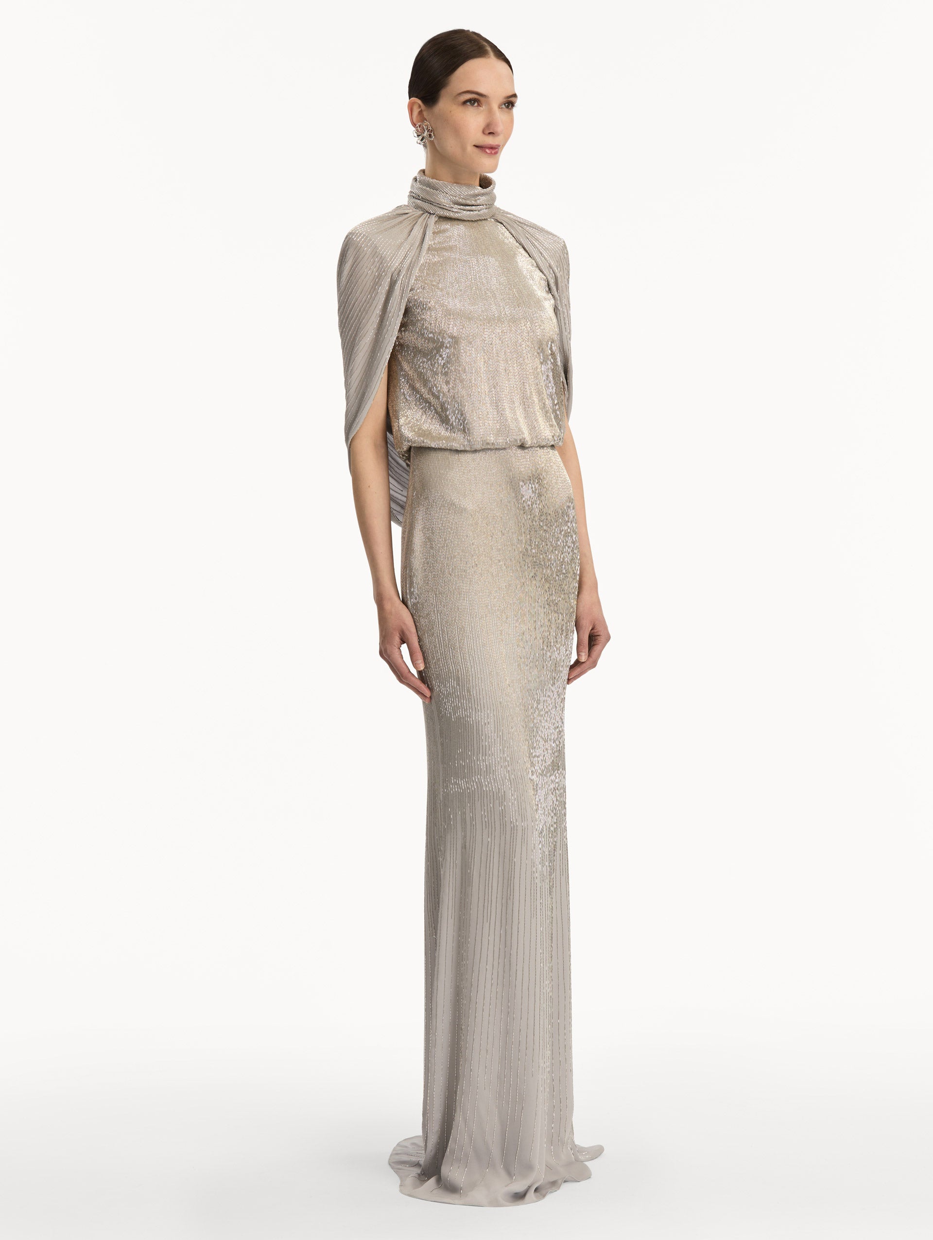 Oscar de la Renta Bugle Bead Lamé Draped Gown