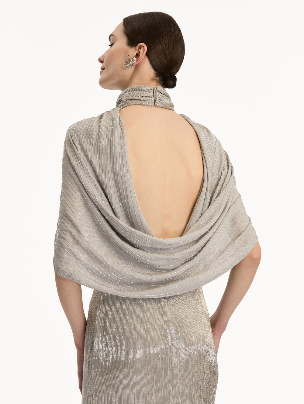 Oscar de la Renta Bugle Bead Lamé Draped Gown