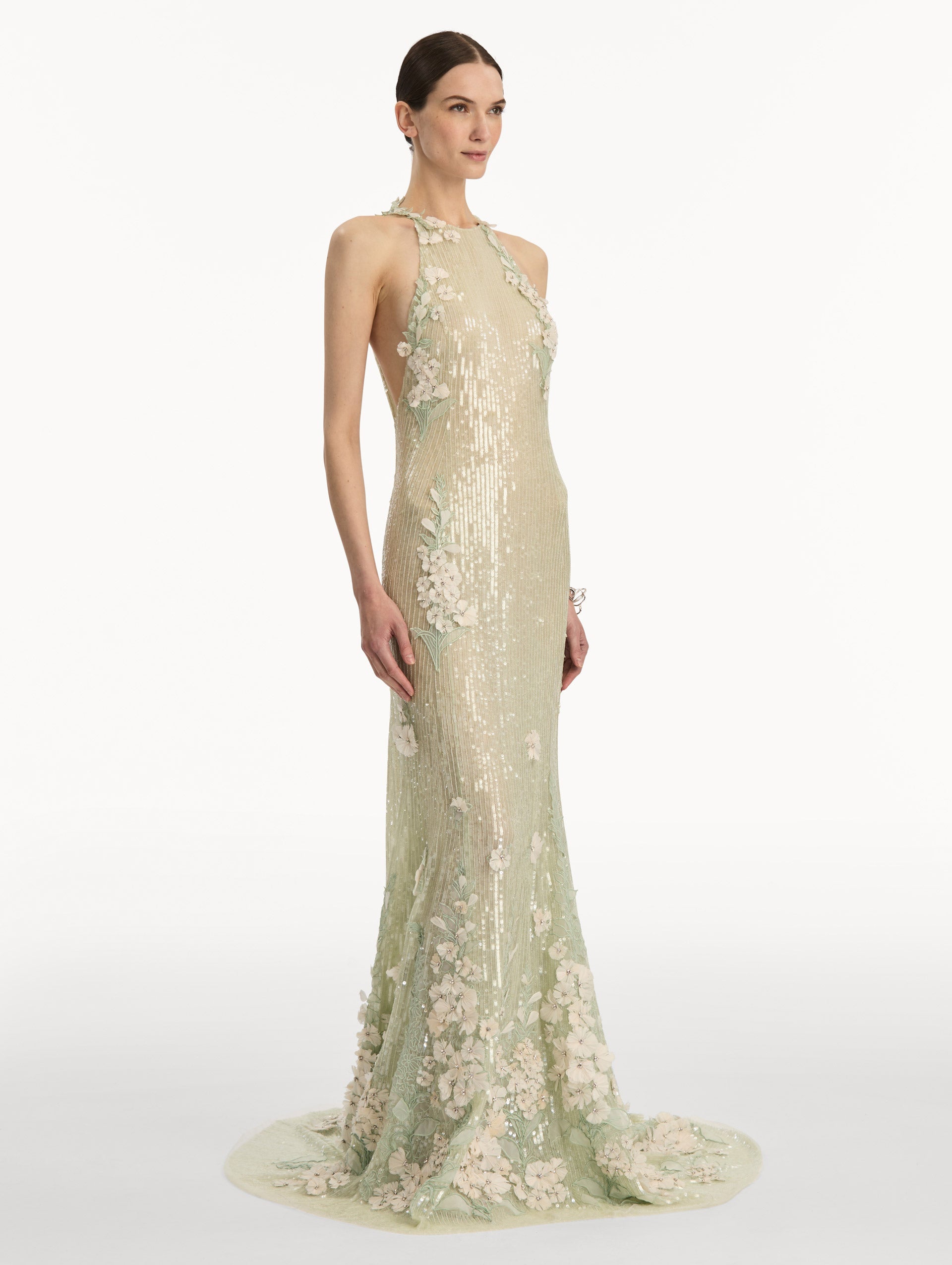 Oscar de la Renta Foxglove Embroidered Sequin Tulle Gown