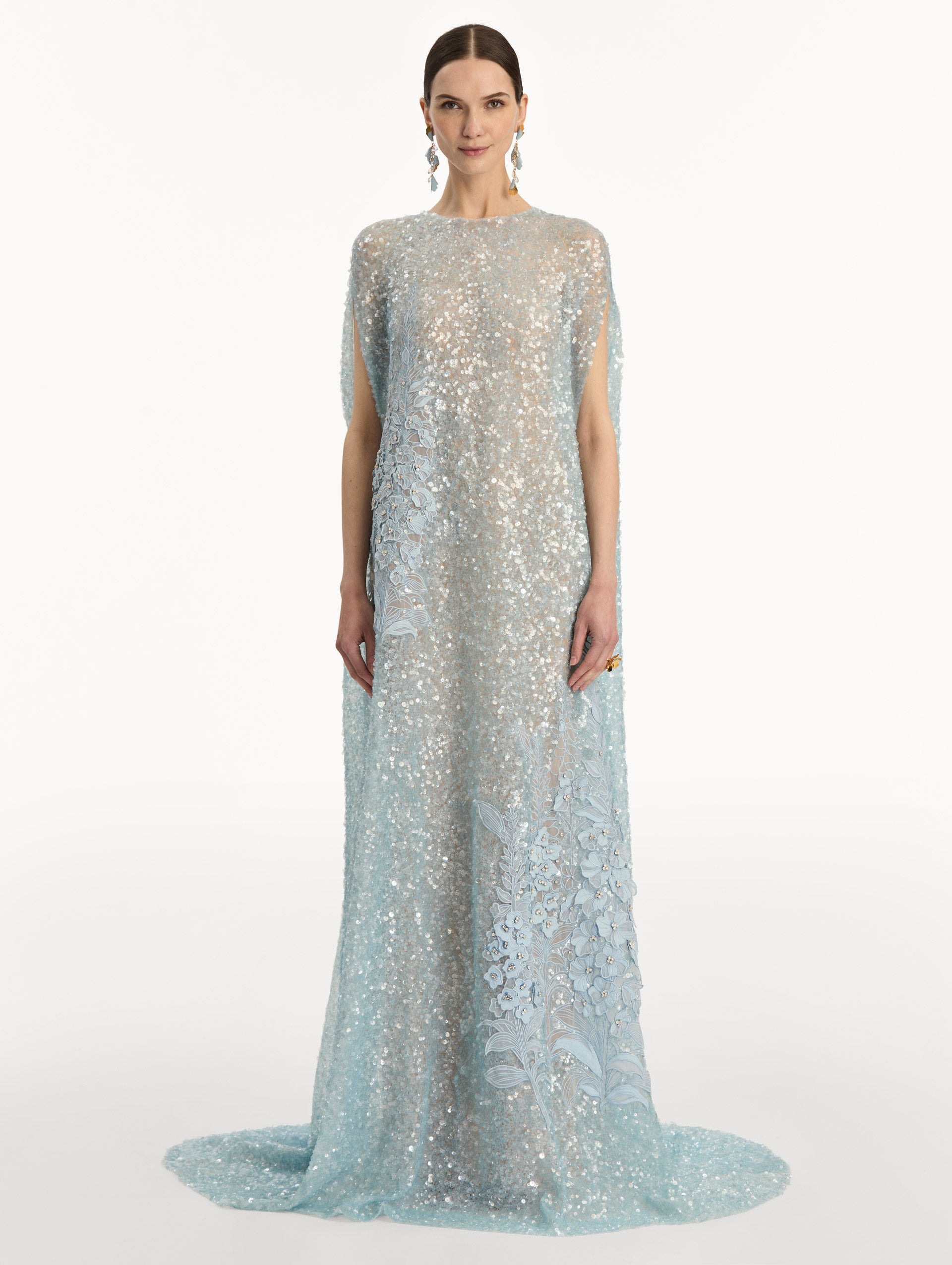 Oscar de la Renta Foxglove Embroidered Sequin Tulle Caftan