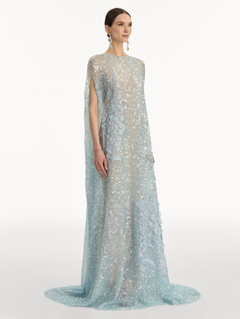 Oscar de la Renta Foxglove Embroidered Sequin Tulle Caftan