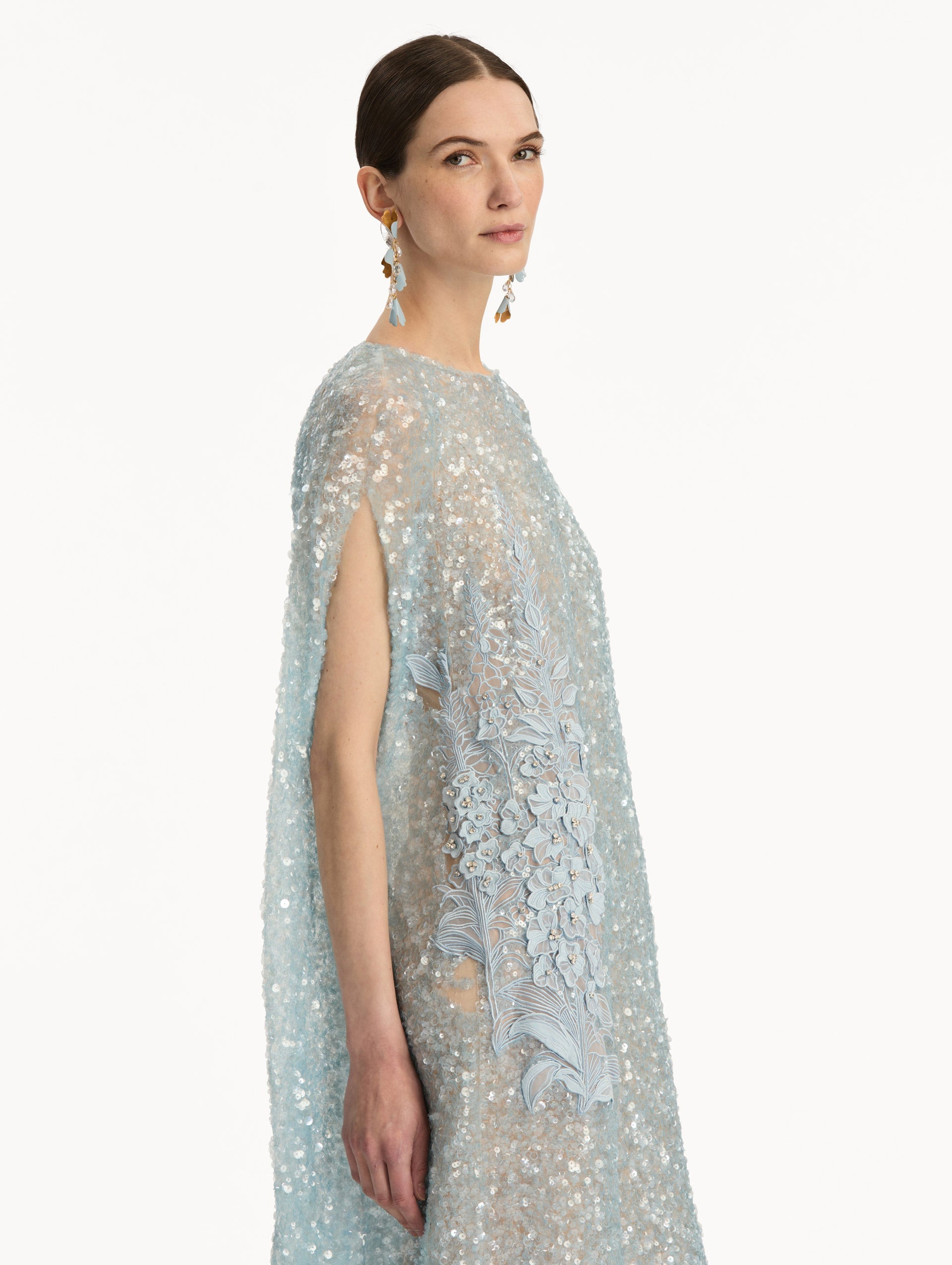 Oscar de la Renta Foxglove Embroidered Sequin Tulle Caftan