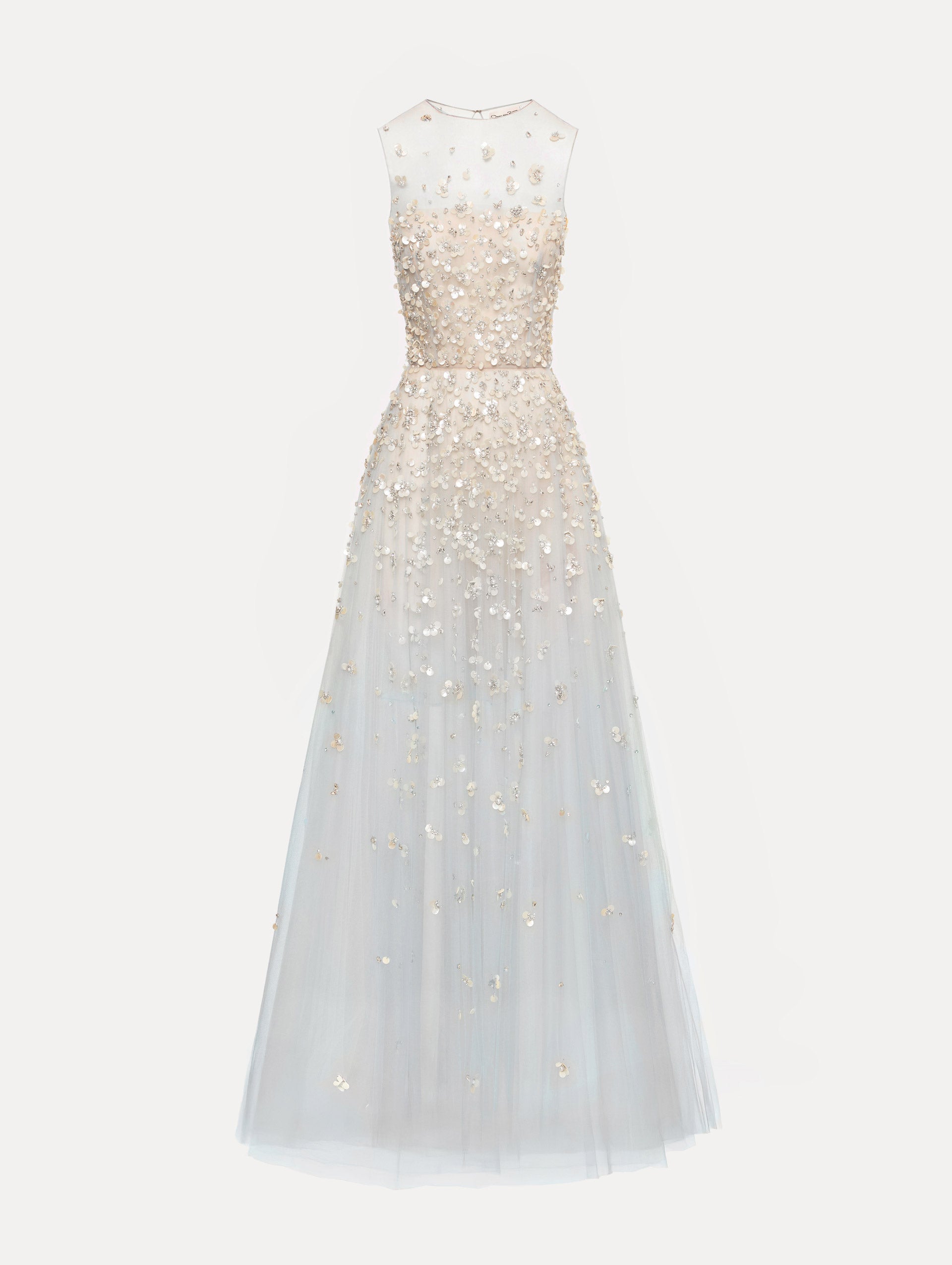 Oscar de la Renta Mother of Pearl Embroidered Illusion Gown