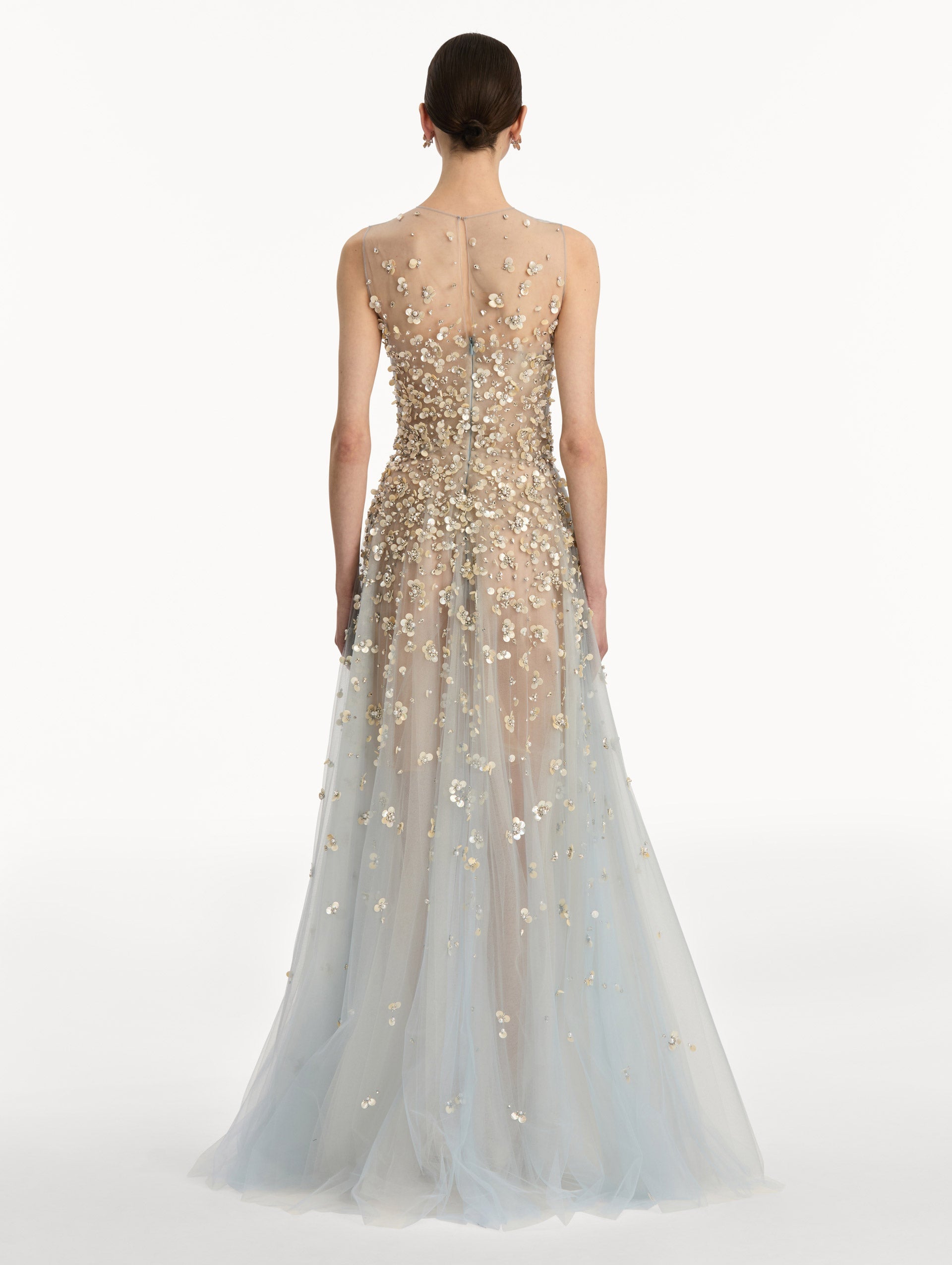 Oscar de la Renta Mother of Pearl Embroidered Illusion Gown