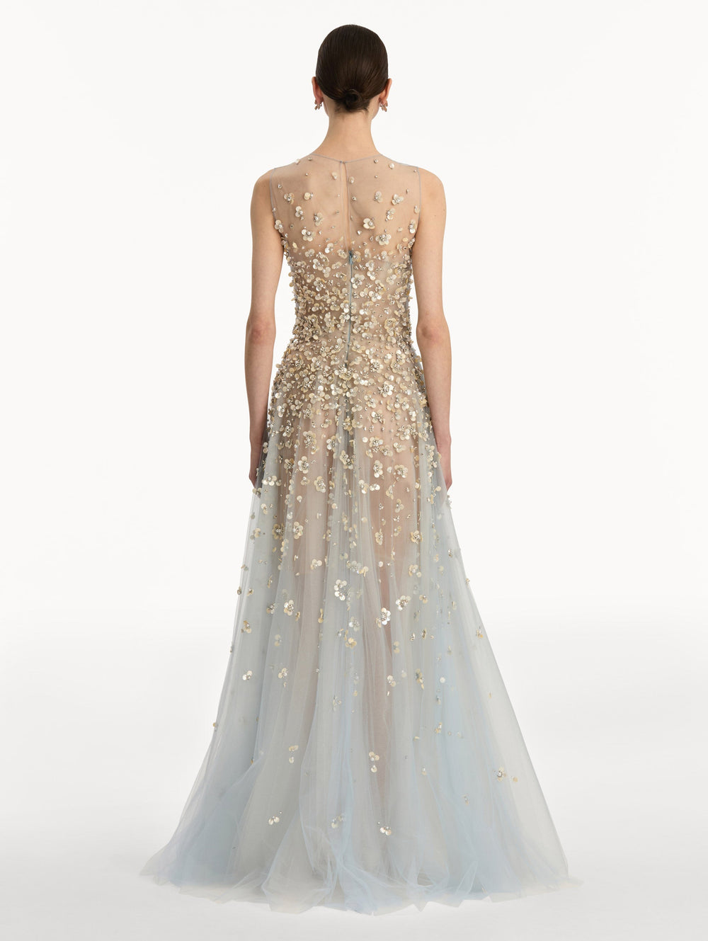 Oscar de la Renta Mother of Pearl Embroidered Illusion Gown