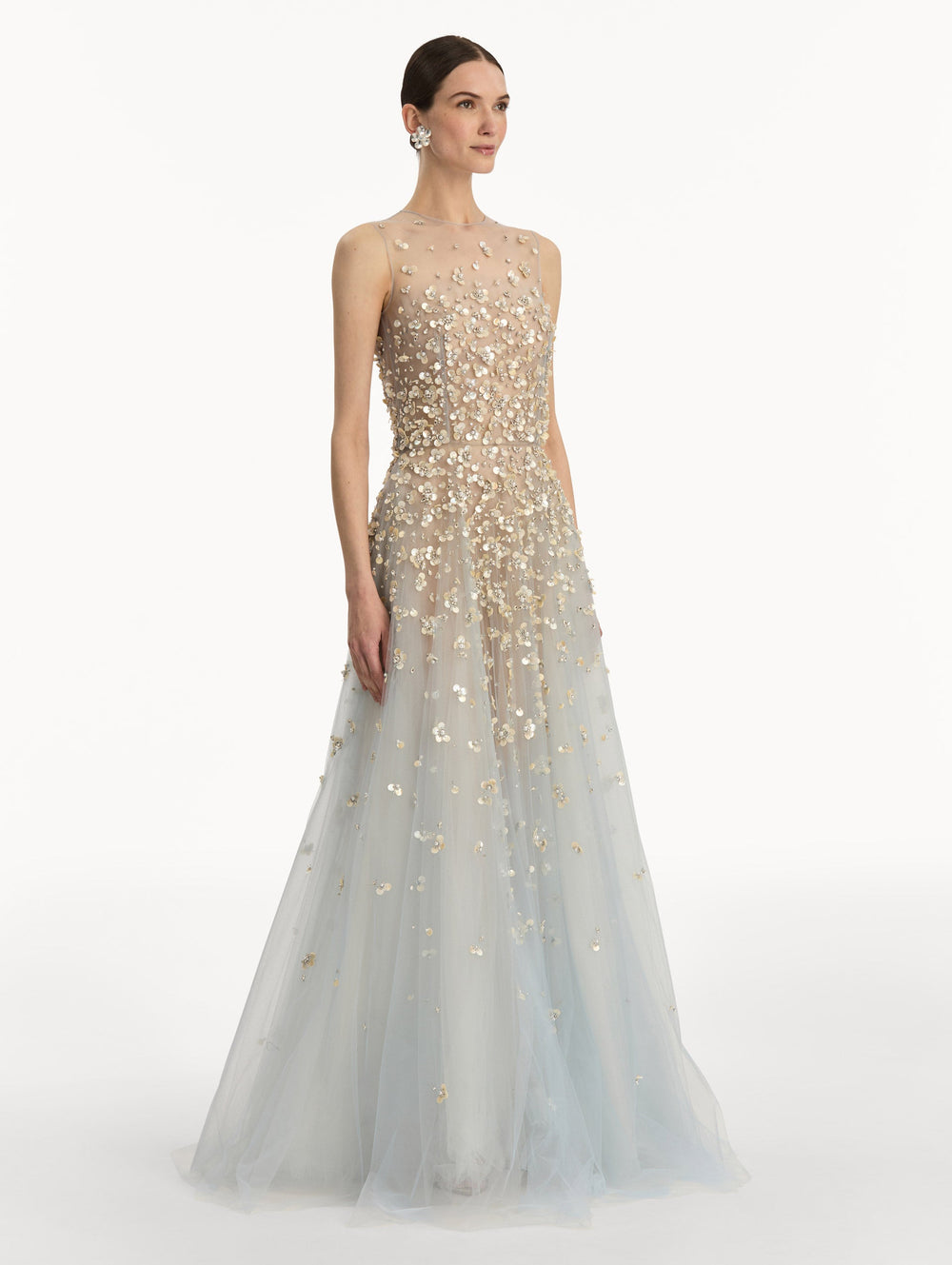Oscar de la Renta Mother of Pearl Embroidered Illusion Gown