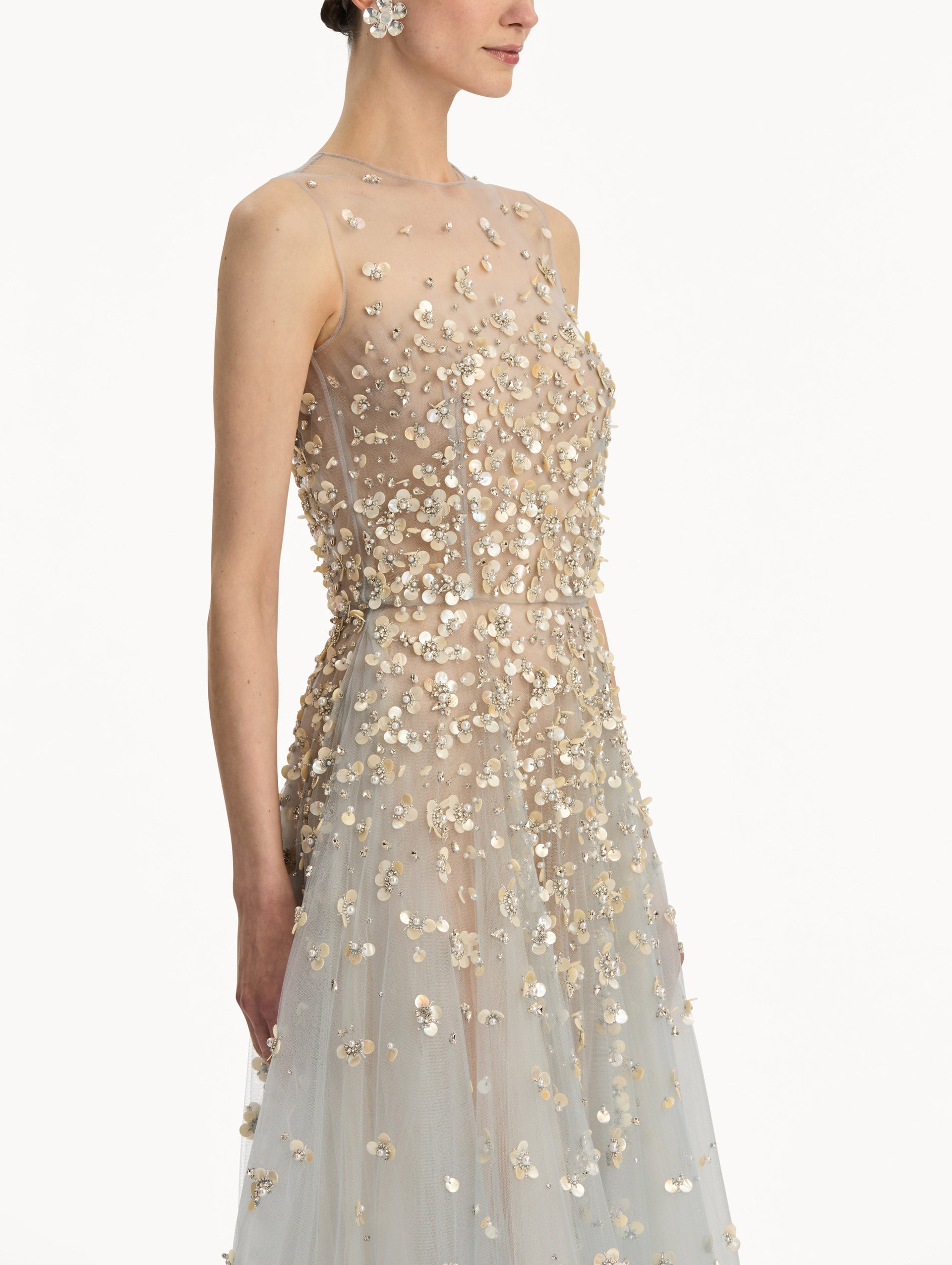 Oscar de la Renta Mother of Pearl Embroidered Illusion Gown