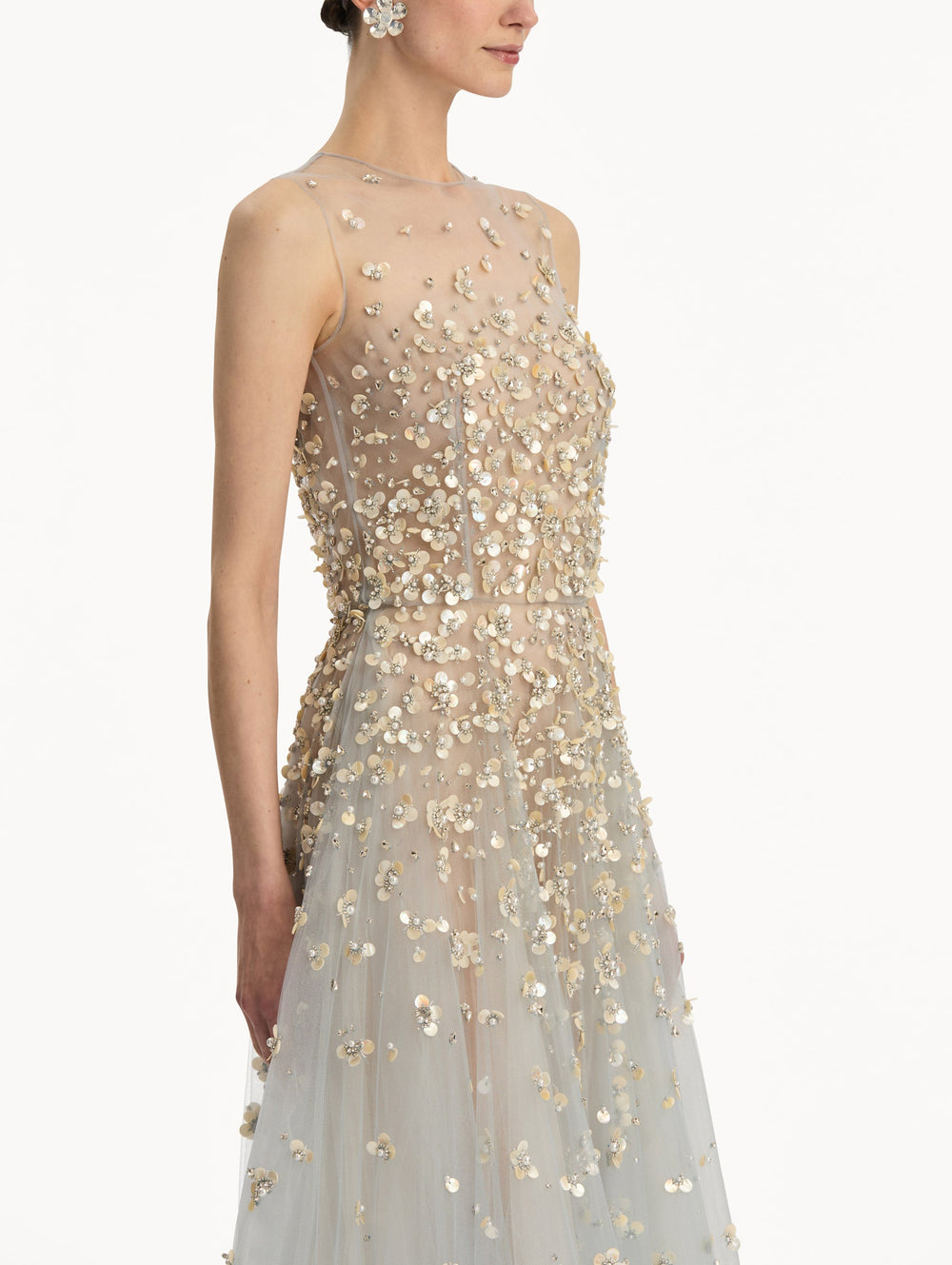Oscar de la Renta Mother of Pearl Embroidered Illusion Gown