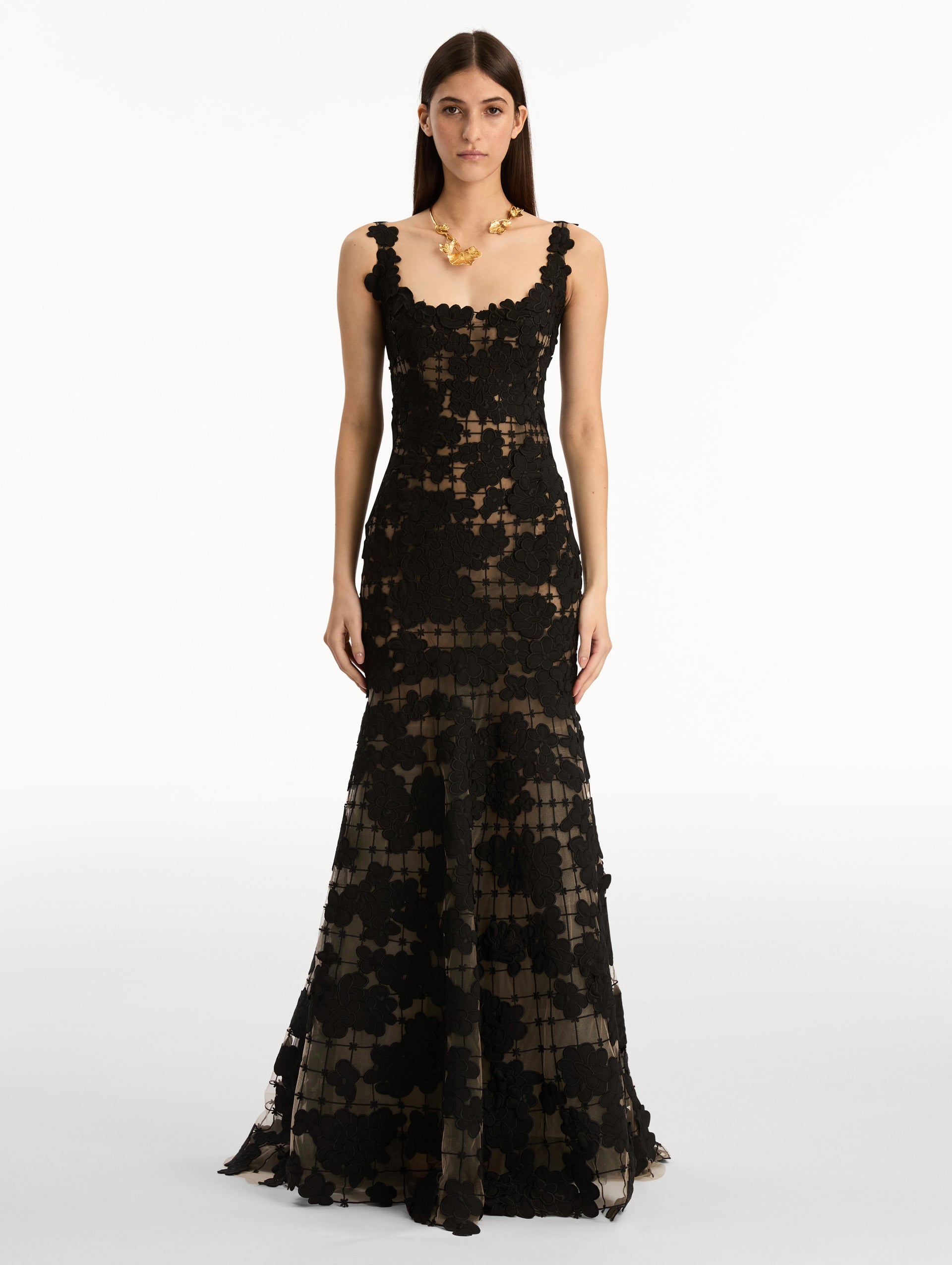 Oscar de la Renta Floral Cutout Threadwork Gown