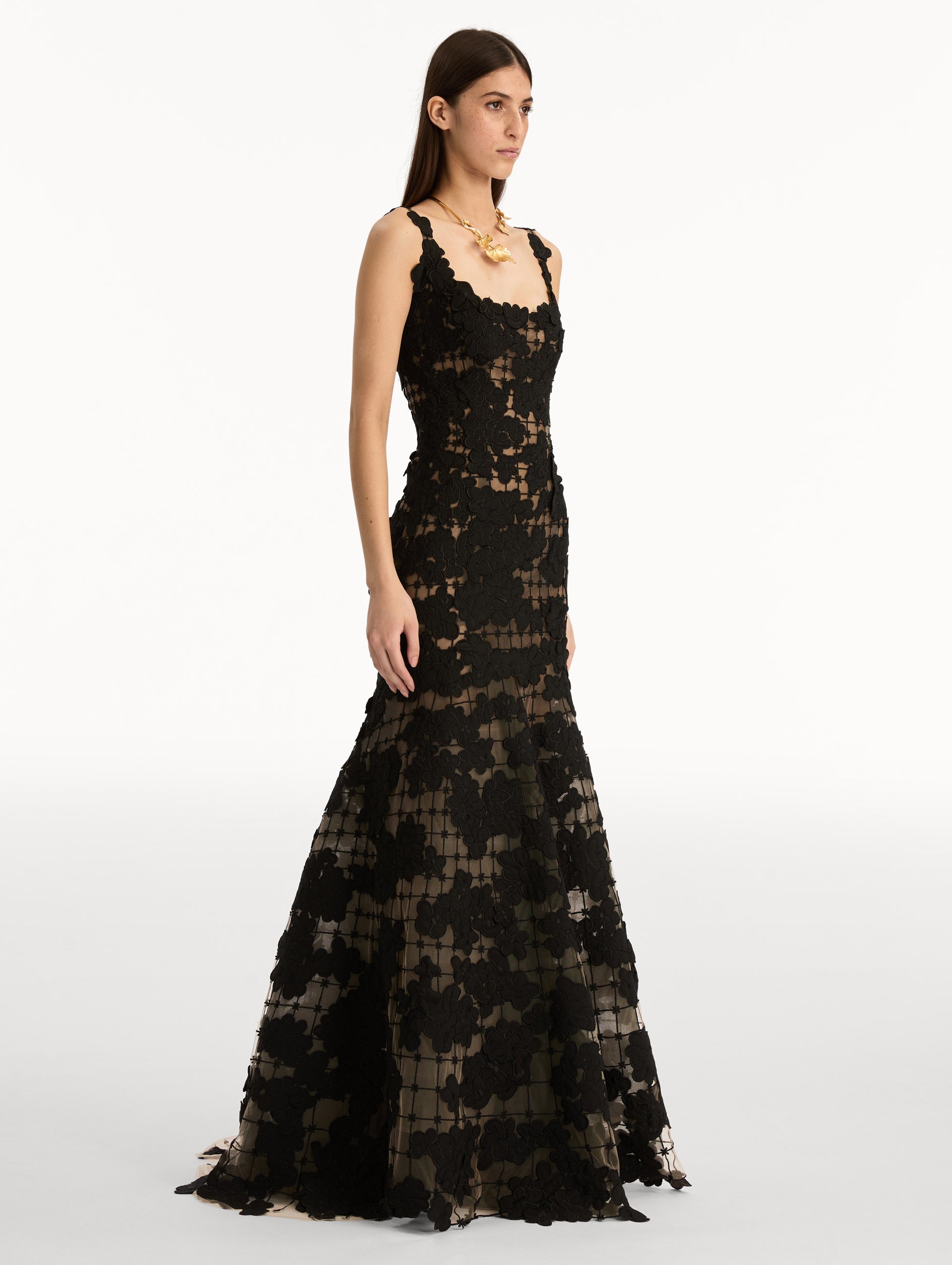 Oscar de la Renta Floral Cutout Threadwork Gown