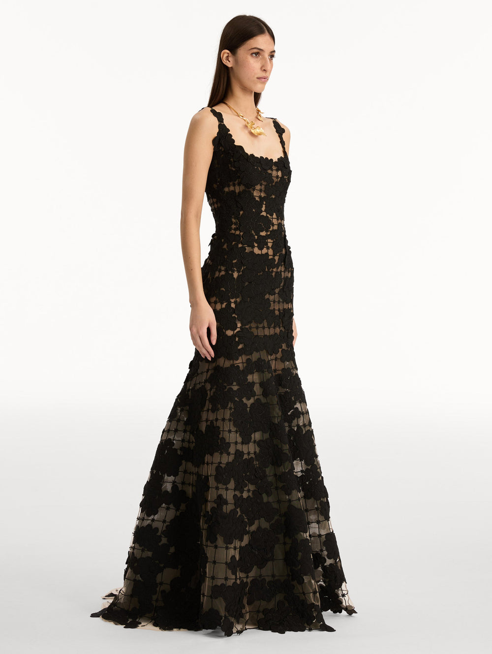 Oscar de la Renta Floral Cutout Threadwork Gown