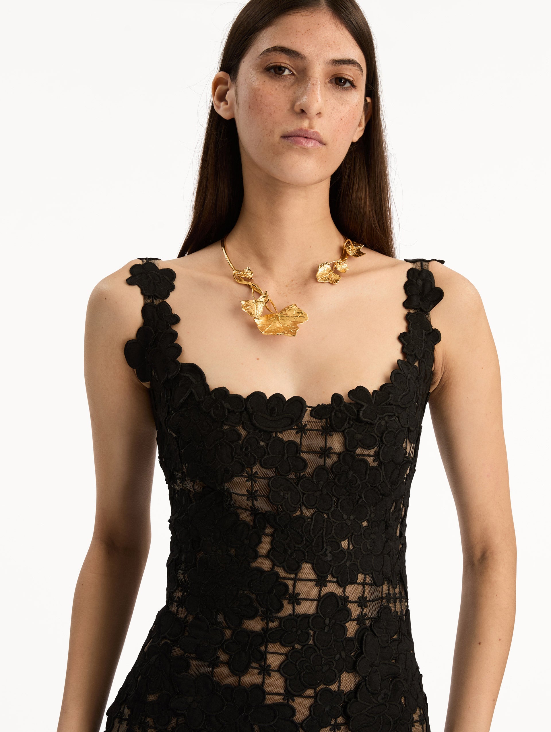 Oscar de la Renta Floral Cutout Threadwork Gown