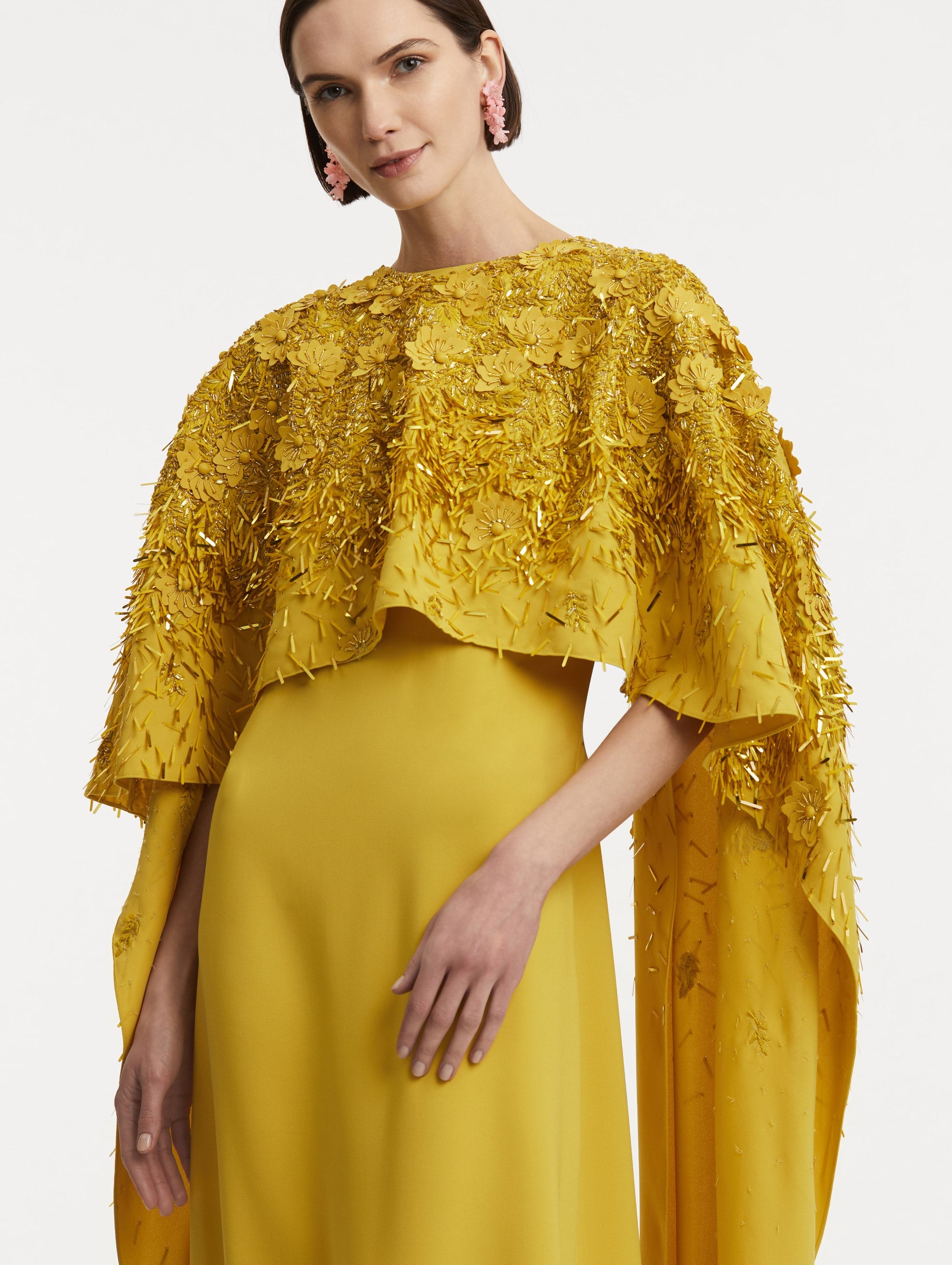 Oscar de la Renta Peony Sequin and Raffia Embroidered Caftan