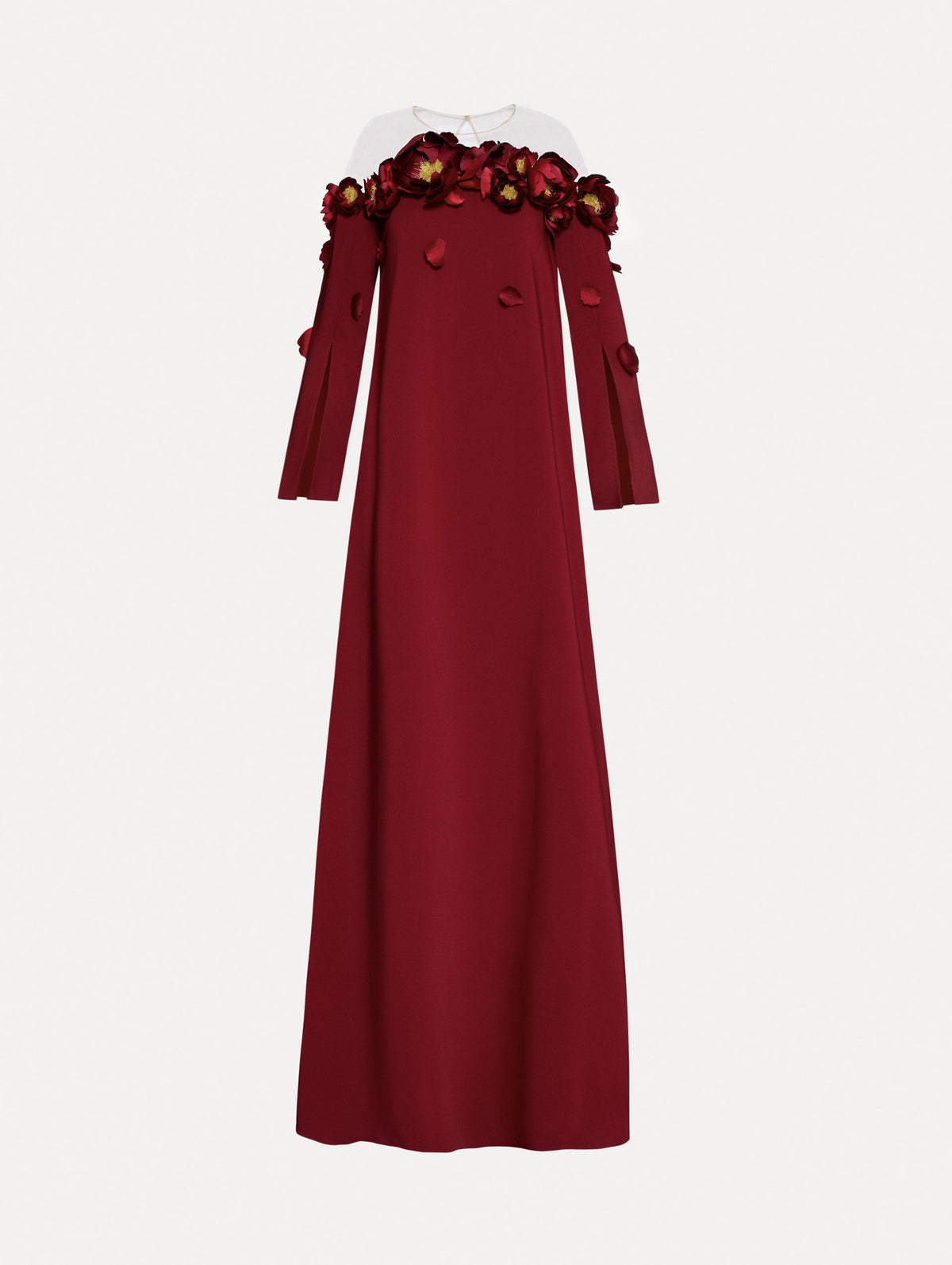 Oscar de la Renta Peony Appliqué Illusion Neck Caftan