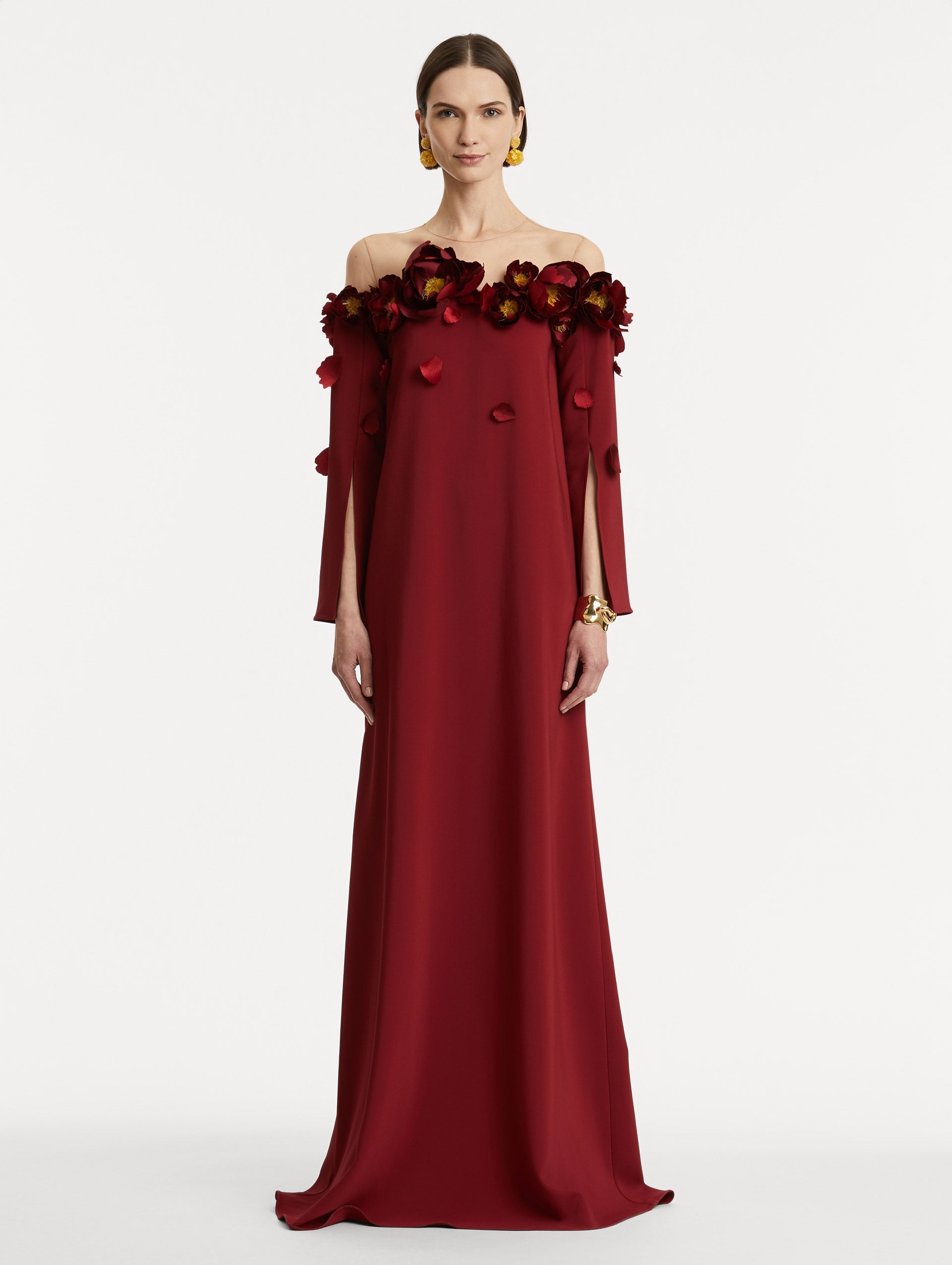 Oscar de la Renta Peony Appliqué Illusion Neck Caftan