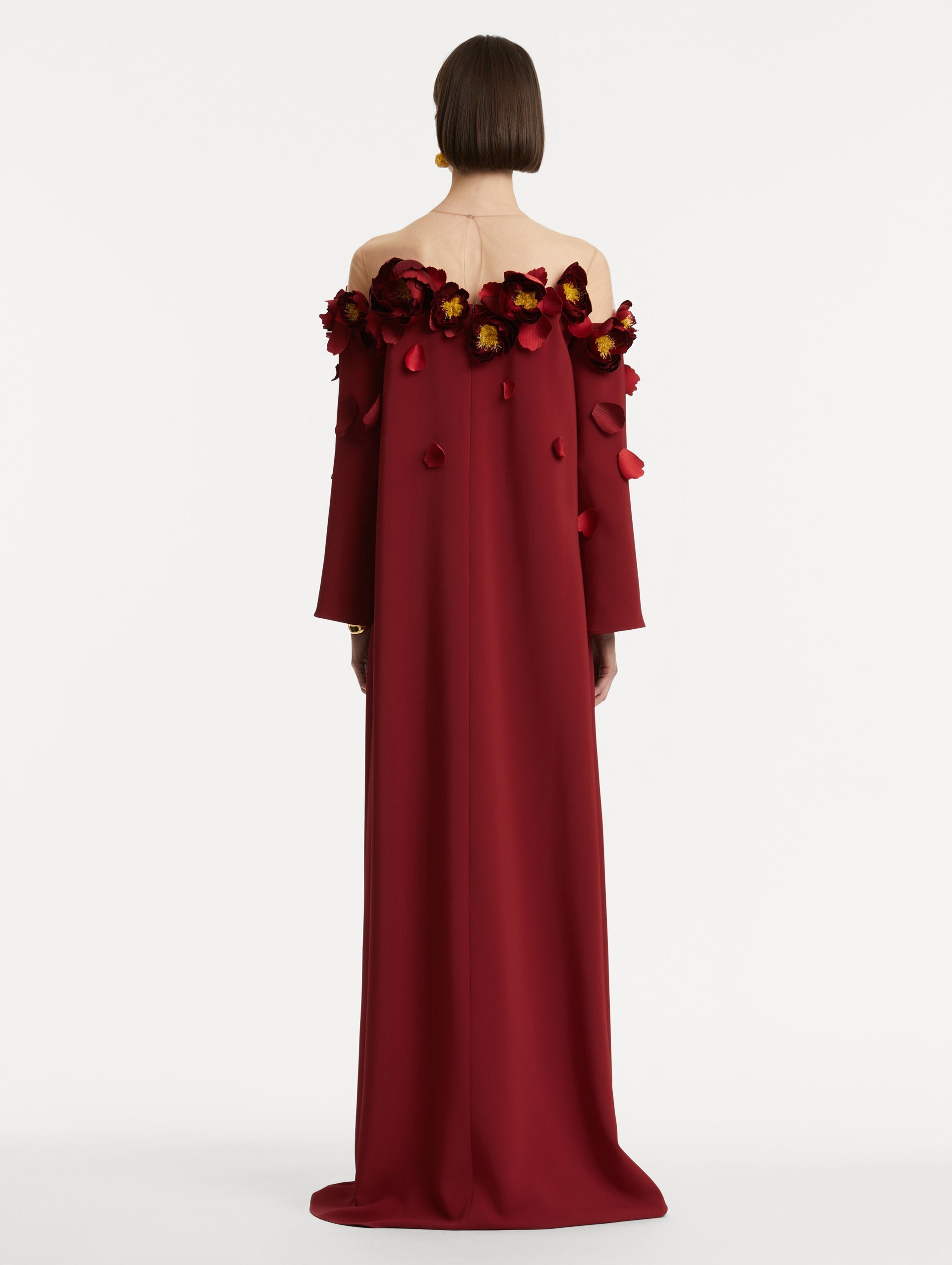 Oscar de la Renta Peony Appliqué Illusion Neck Caftan