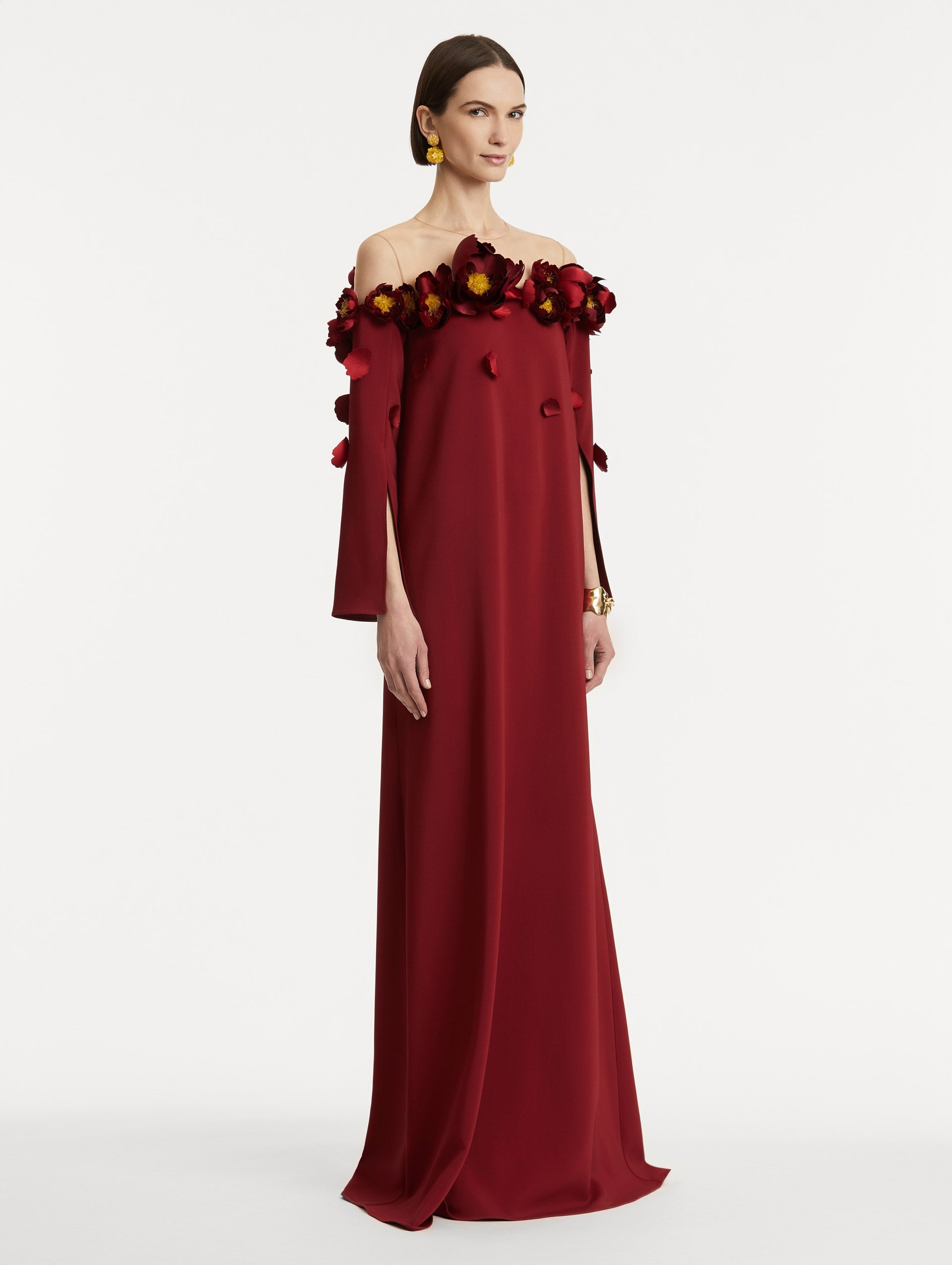 Oscar de la Renta Peony Appliqué Illusion Neck Caftan
