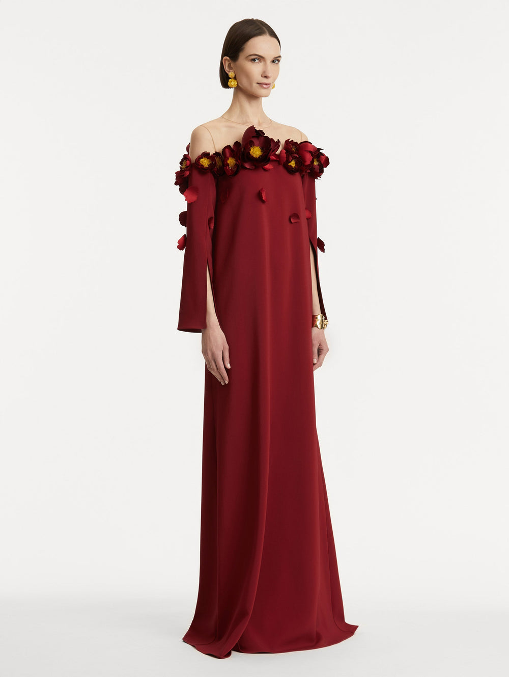 Oscar de la Renta Peony Appliqué Illusion Neck Caftan