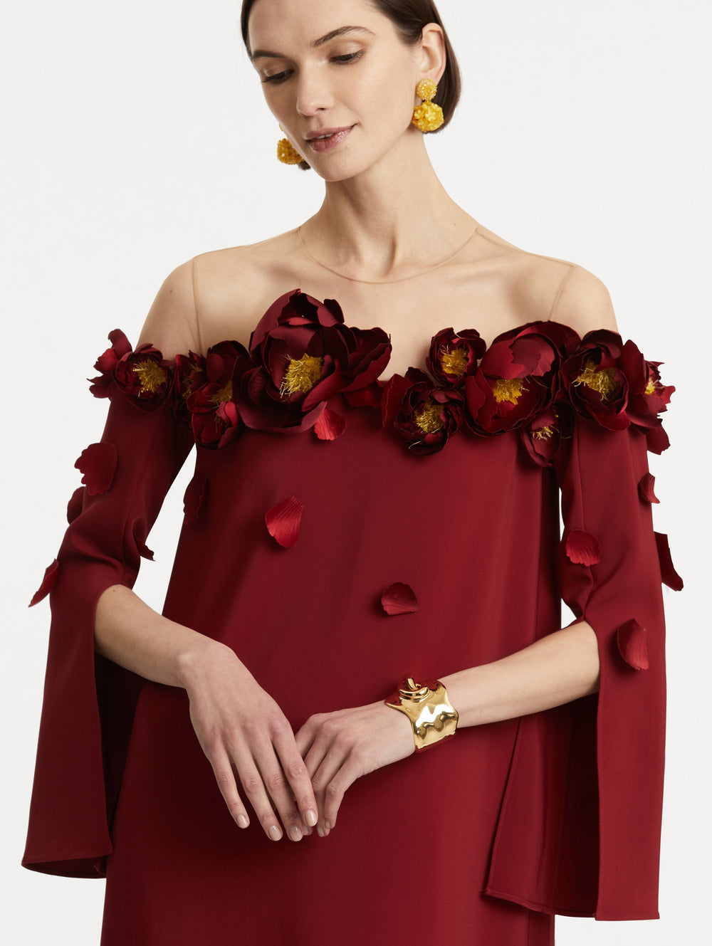 Oscar de la Renta Peony Appliqué Illusion Neck Caftan
