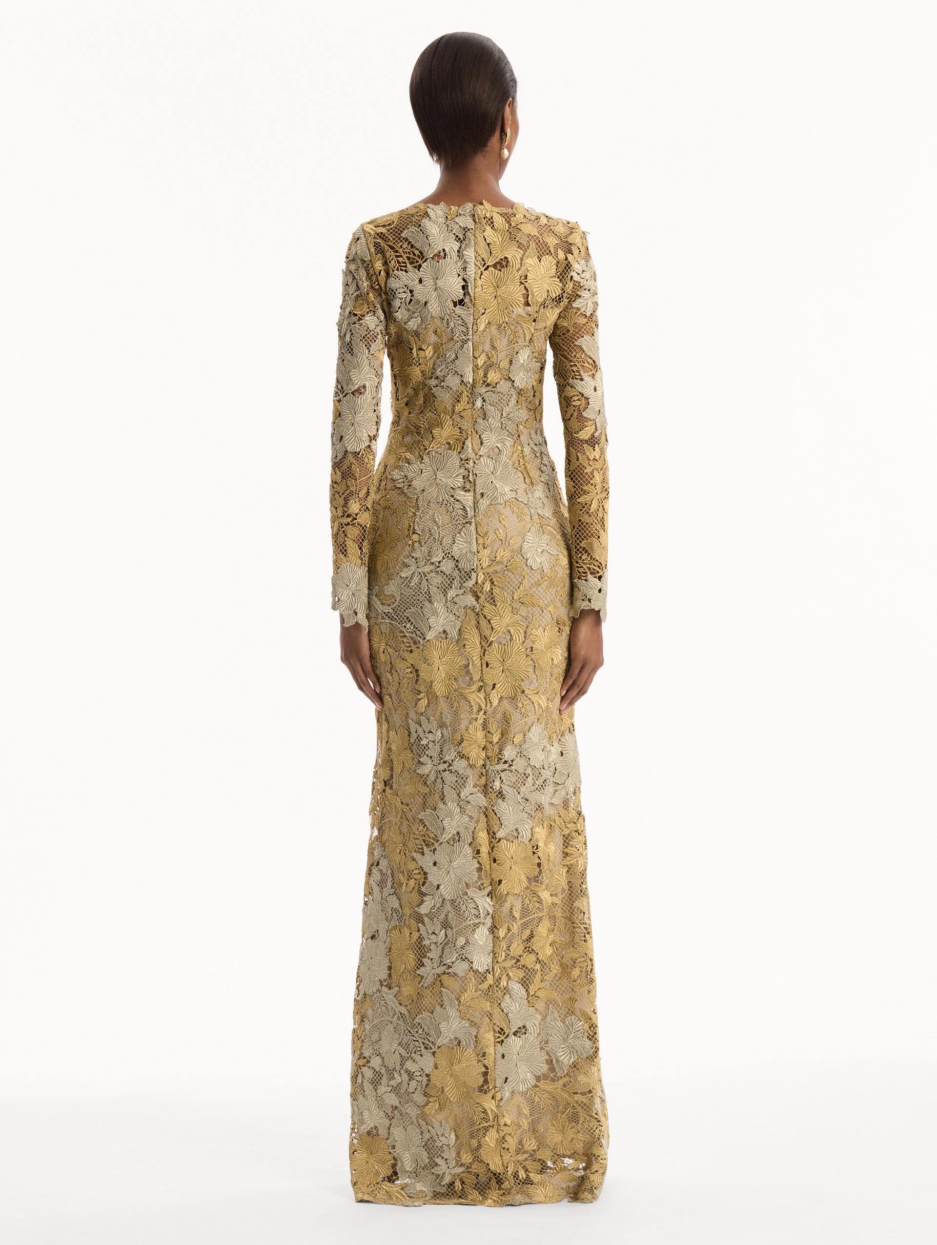 Oscar de la Renta Hibiscus Metallic Guipure Gown