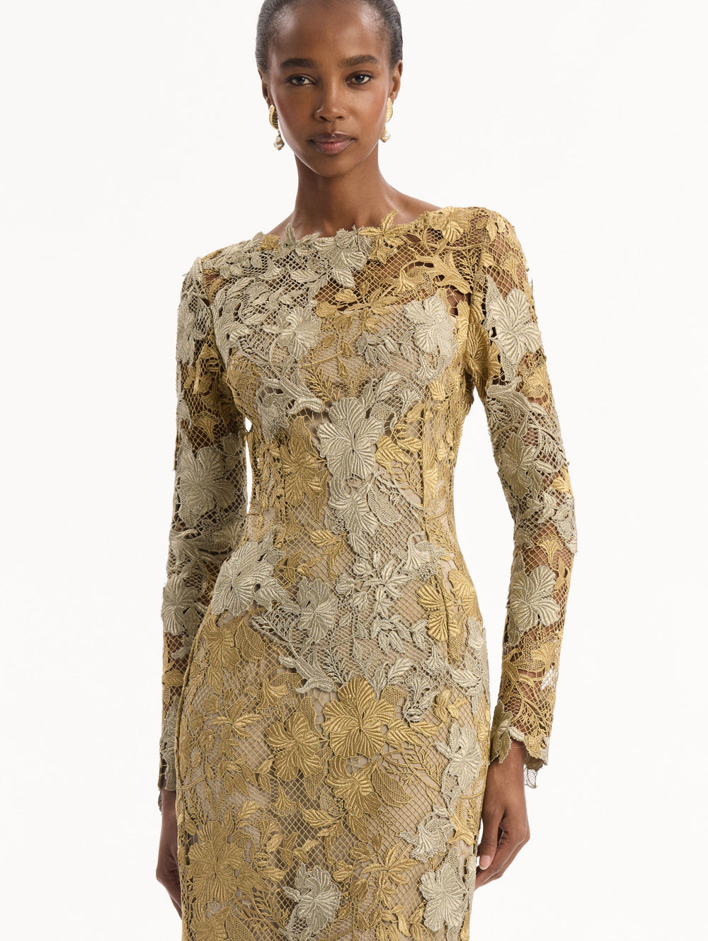 Oscar de la Renta Hibiscus Metallic Guipure Gown