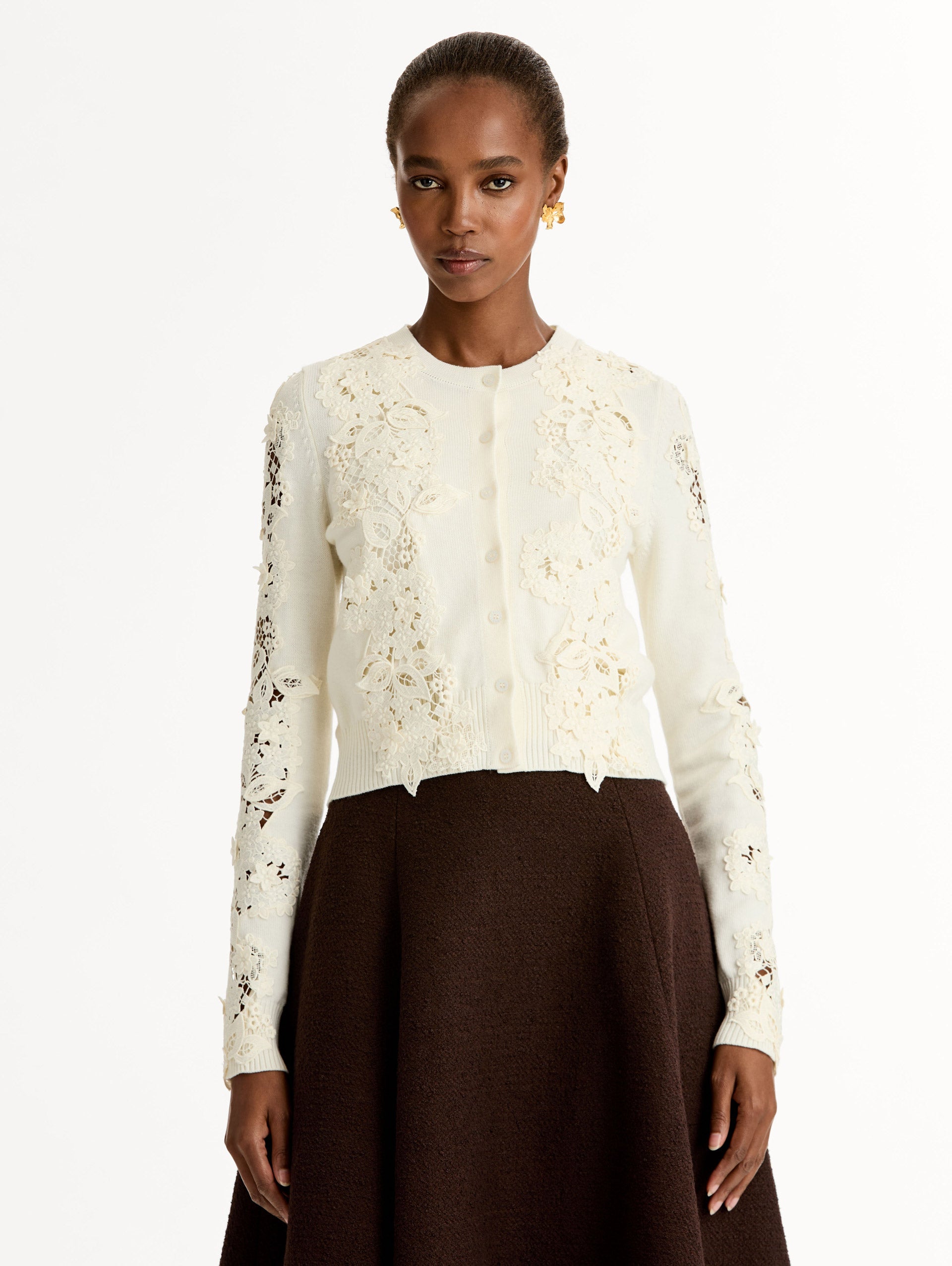 Oscar de la Renta Porcelain Flower Guipure Insert Cardigan