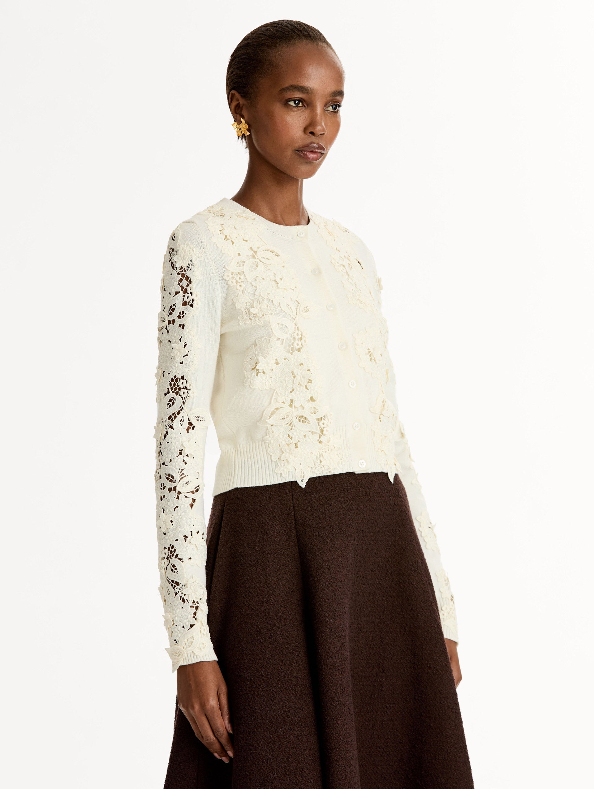 Oscar de la Renta Porcelain Flower Guipure Insert Cardigan