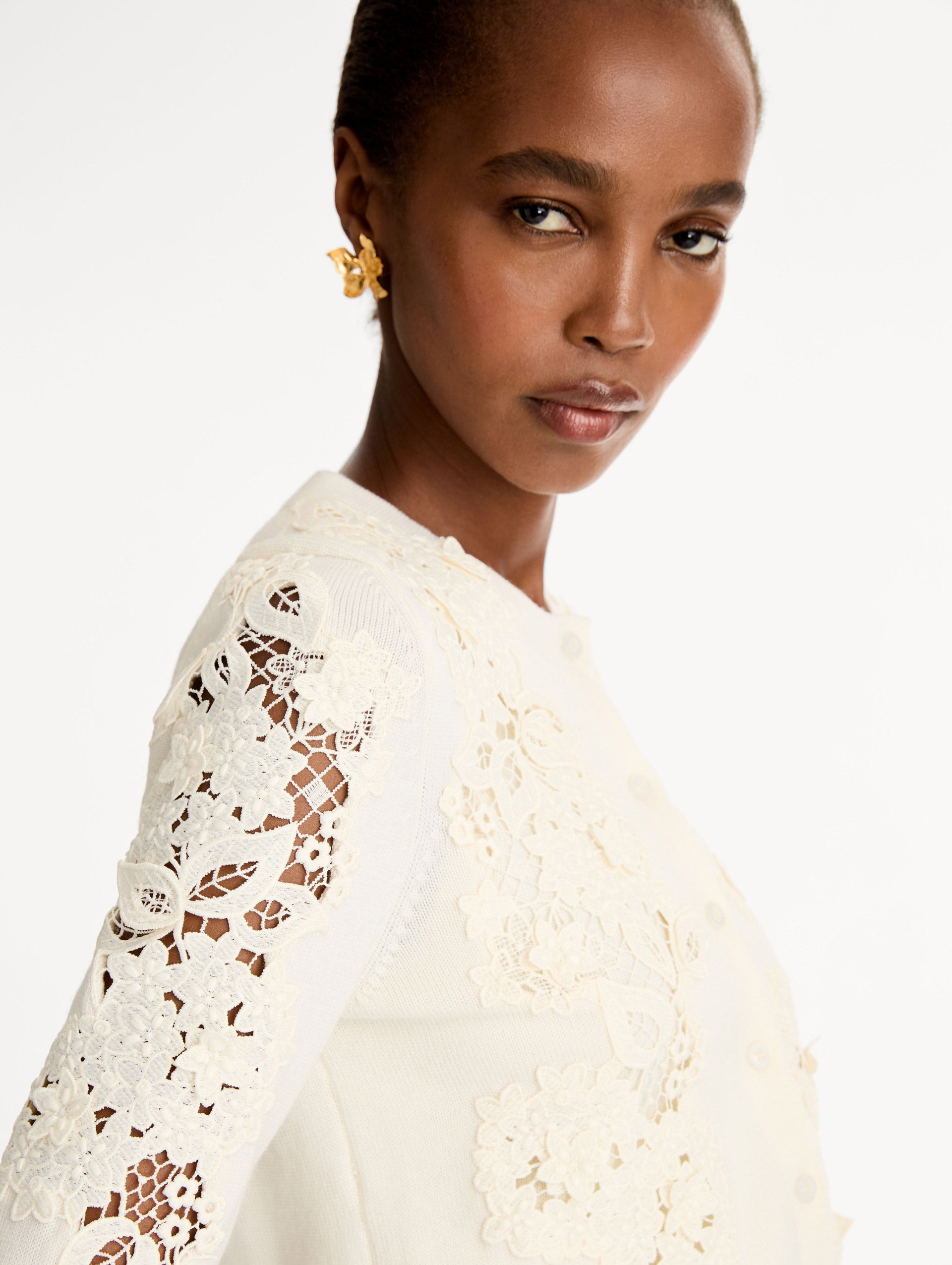 Oscar de la Renta Porcelain Flower Guipure Insert Cardigan