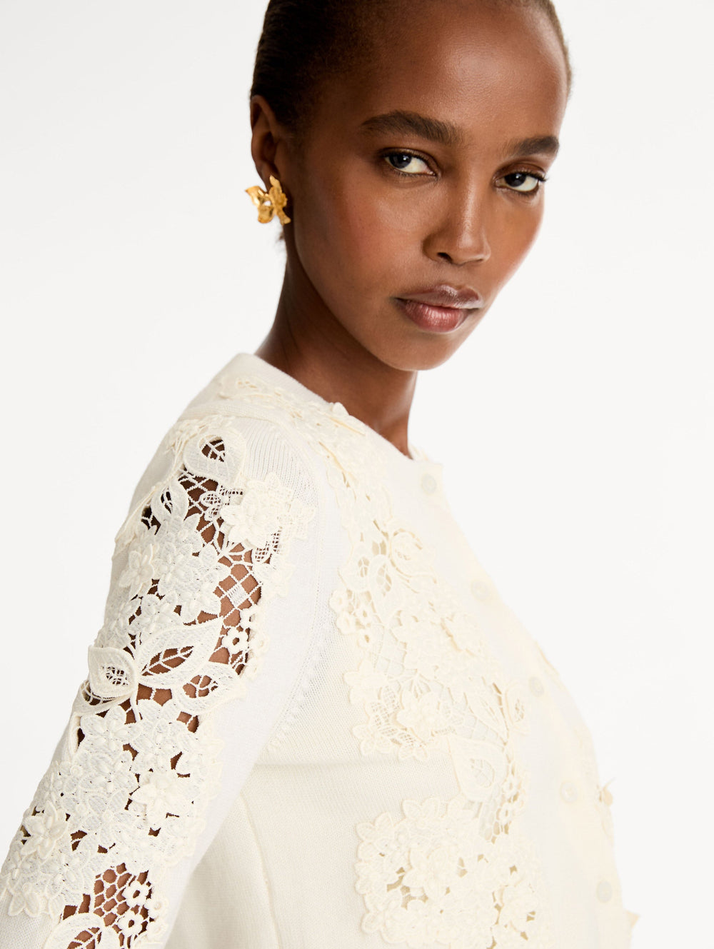 Oscar de la Renta Porcelain Flower Guipure Insert Cardigan