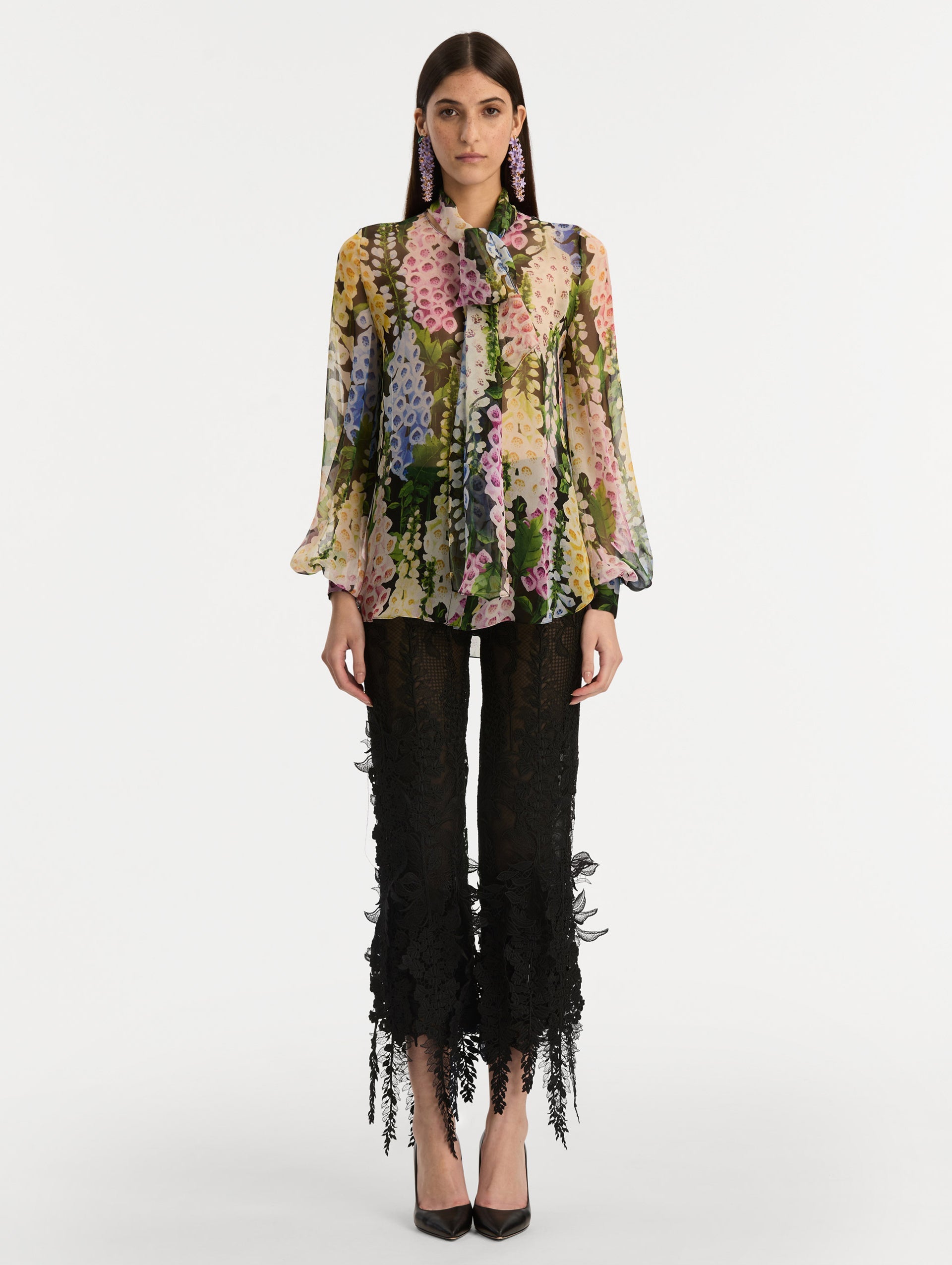 Oscar de la Renta Foxglove Tie-Neck Chiffon Blouse